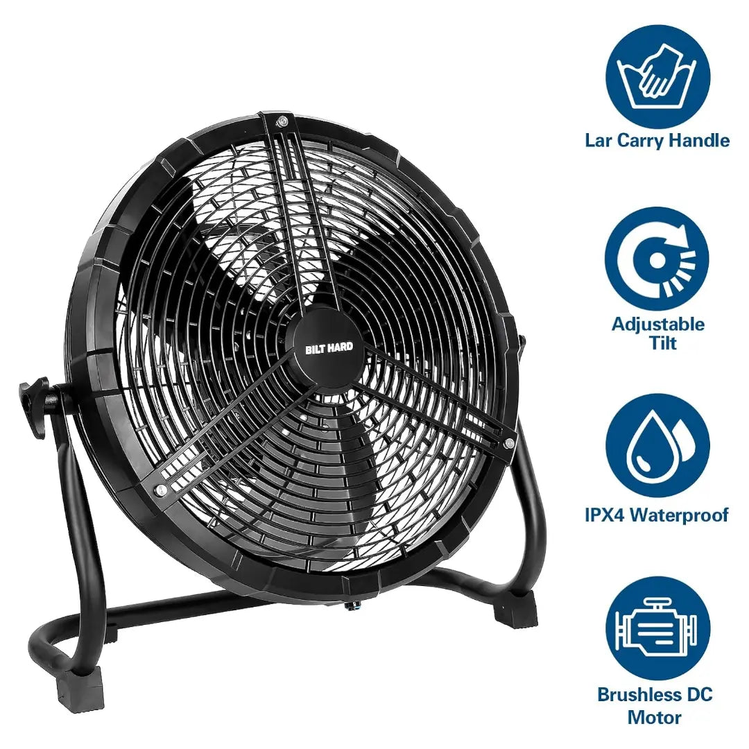 Ventilador nebulizador exterior BILT HARD de 16": Funciona con batería extraíble de 15600 mAh y función nebulizadora. 