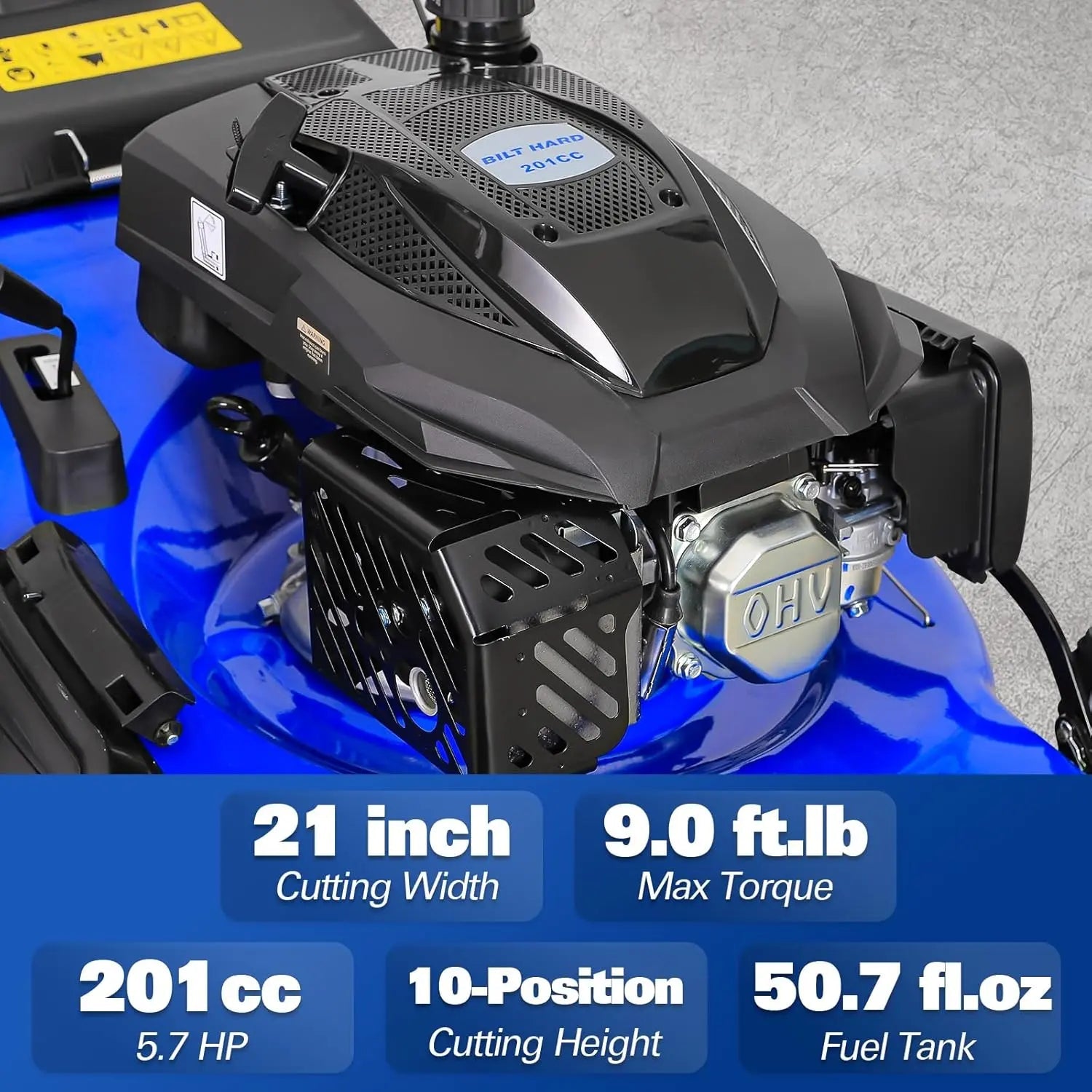 BILT HARD 21-Inch Push Lawn Mower, 201cc 4-Cycle Engine, 3-in-1 Bagging, Mulching, and Side Discharge