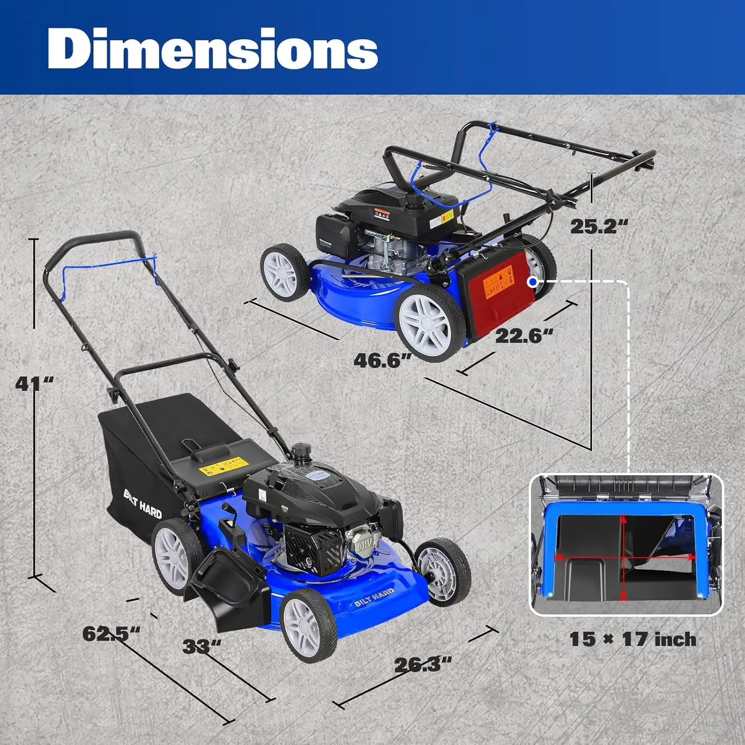 BILT HARD 21-Inch Push Lawn Mower, 201cc 4-Cycle Engine, 3-in-1 Bagging, Mulching, and Side Discharge
