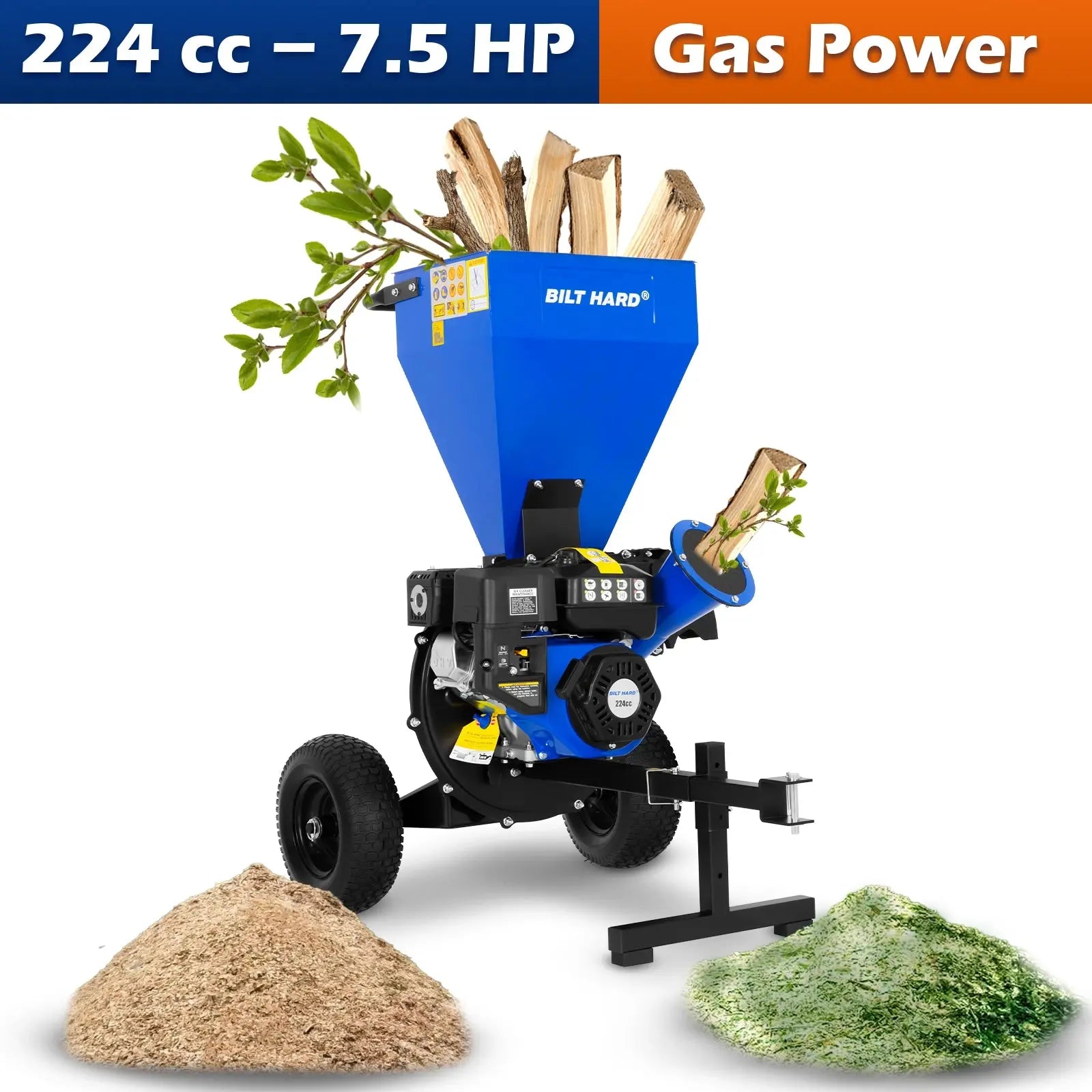 Trituradora de madera a gasolina BILT HARD de 224 cc y 7,5 hp