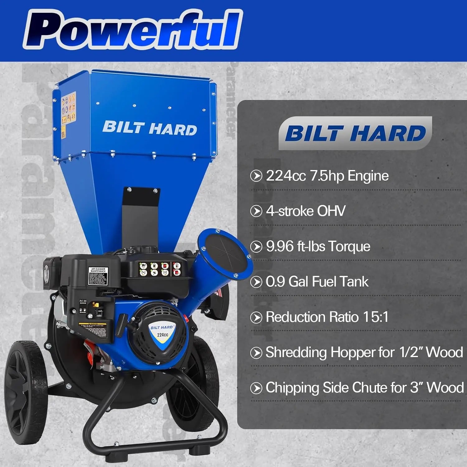 Trituradora de madera a gasolina BILT HARD de 224 cc y 7,5 hp