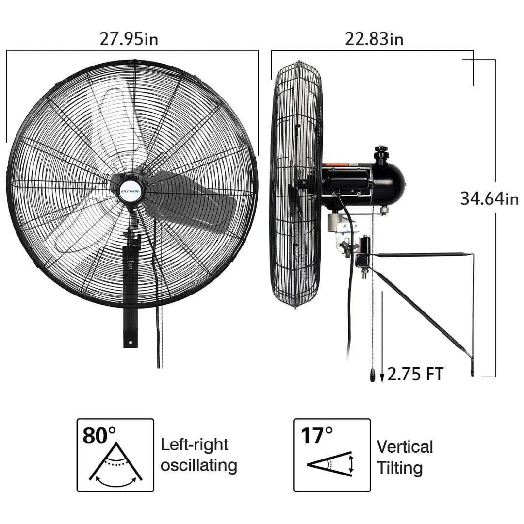 Ventilador de pared oscilante para exteriores BILT HARD de 24" y 6300 CFM: Ventilador de pared resistente, impermeable, de alta velocidad y 3 velocidades, homologado por UL. 