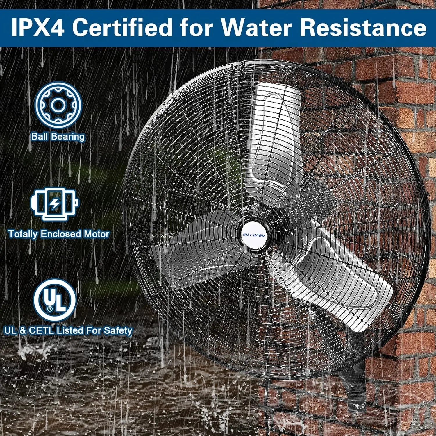 Ventilador de pared oscilante para exteriores BILT HARD de 24" y 6300 CFM: Ventilador de pared resistente, impermeable, de alta velocidad y 3 velocidades, homologado por UL. 