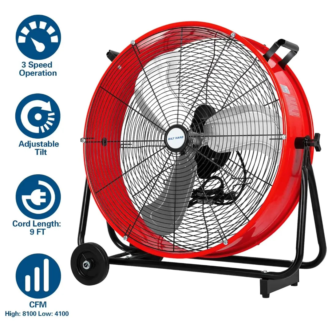 Ventilador de tambor de alta velocidad BILT HARD de 24" y 8100 CFM: Ventilador metálico de 3 velocidades para trabajo pesado, homologado por UL 