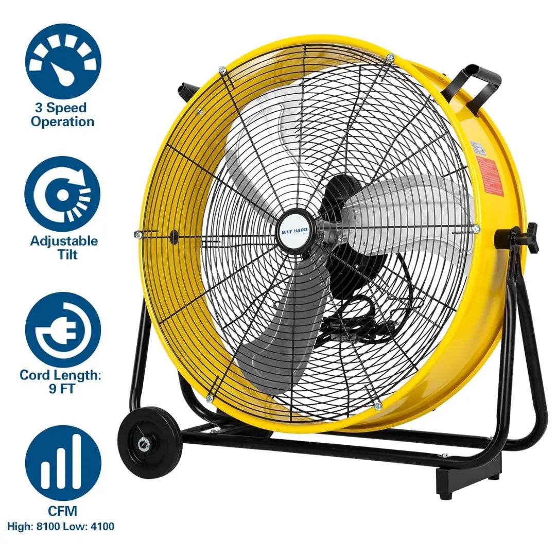 Ventilador de tambor de alta velocidad BILT HARD de 24" y 8100 CFM: Ventilador de taller de metal de 3 velocidades y alta resistencia, homologado por UL 