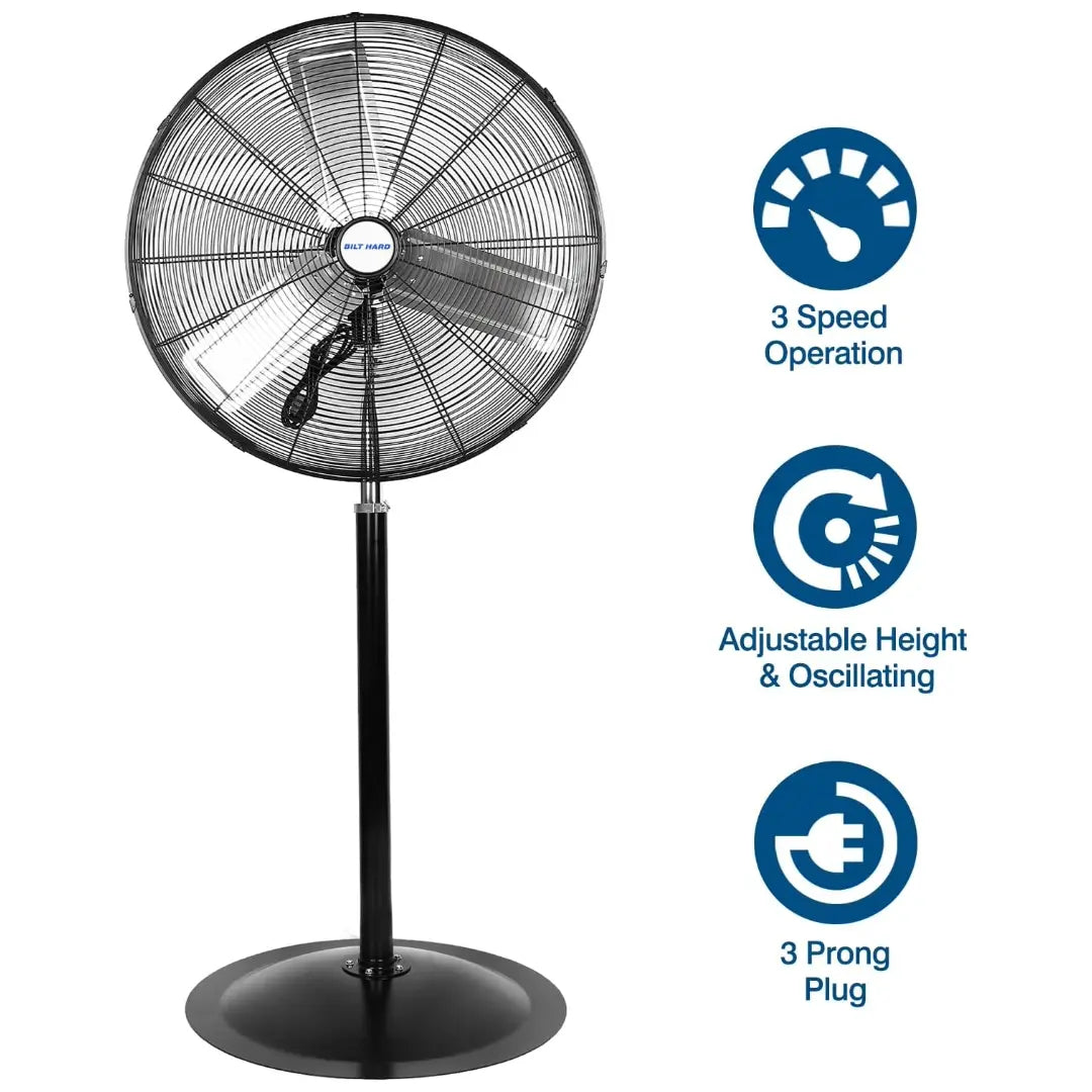 Ventilador de pedestal de alta velocidad BILT HARD de 24": 6450 CFM, 3 velocidades, ventilador industrial de pie para trabajo pesado 