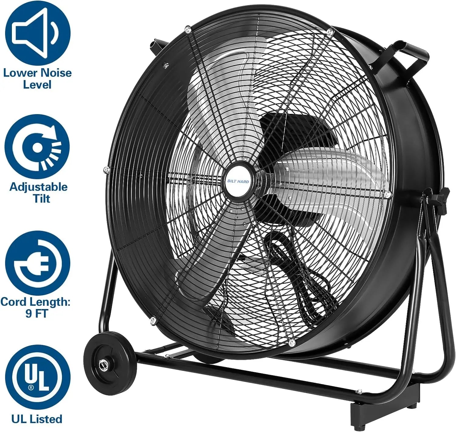 Ventilador de tambor BILT HARD de 24" ultra silencioso de velocidad variable: 7800 CFM, motor de CC, ventilador industrial de taller de alta resistencia, homologado por UL 