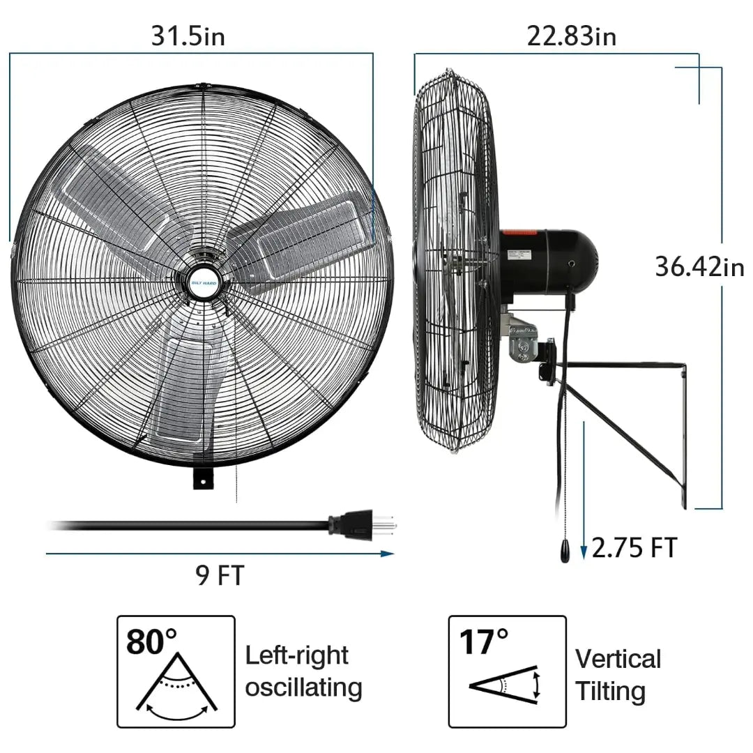 Ventilador de pared de alta velocidad BILT HARD de 30" y 9500 CFM: Ventilador industrial oscilante de 3 velocidades, de alta resistencia y homologado por UL. 