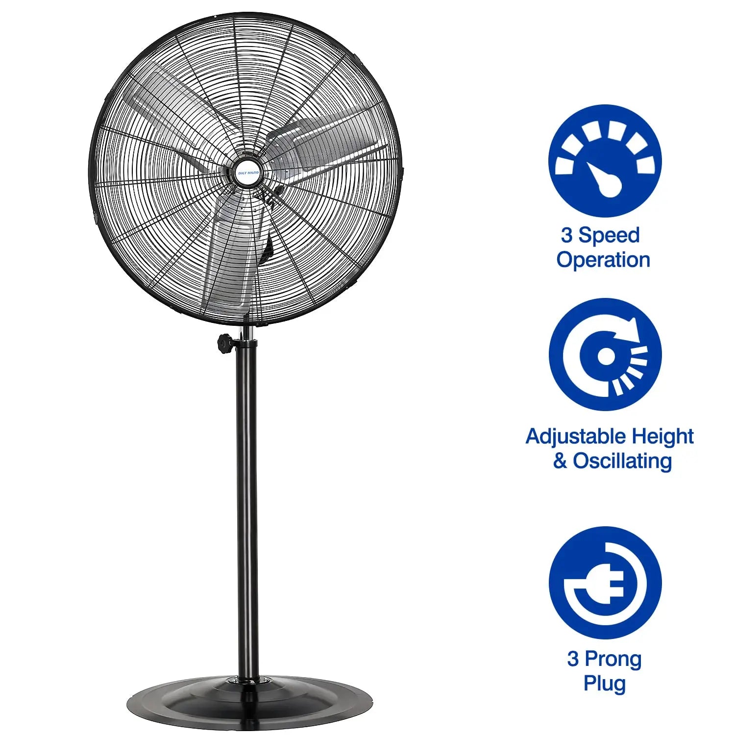 Ventilador industrial de pedestal de alta velocidad BILT HARD de 30" con 3 velocidades y altura ajustable, aspas de aluminio 