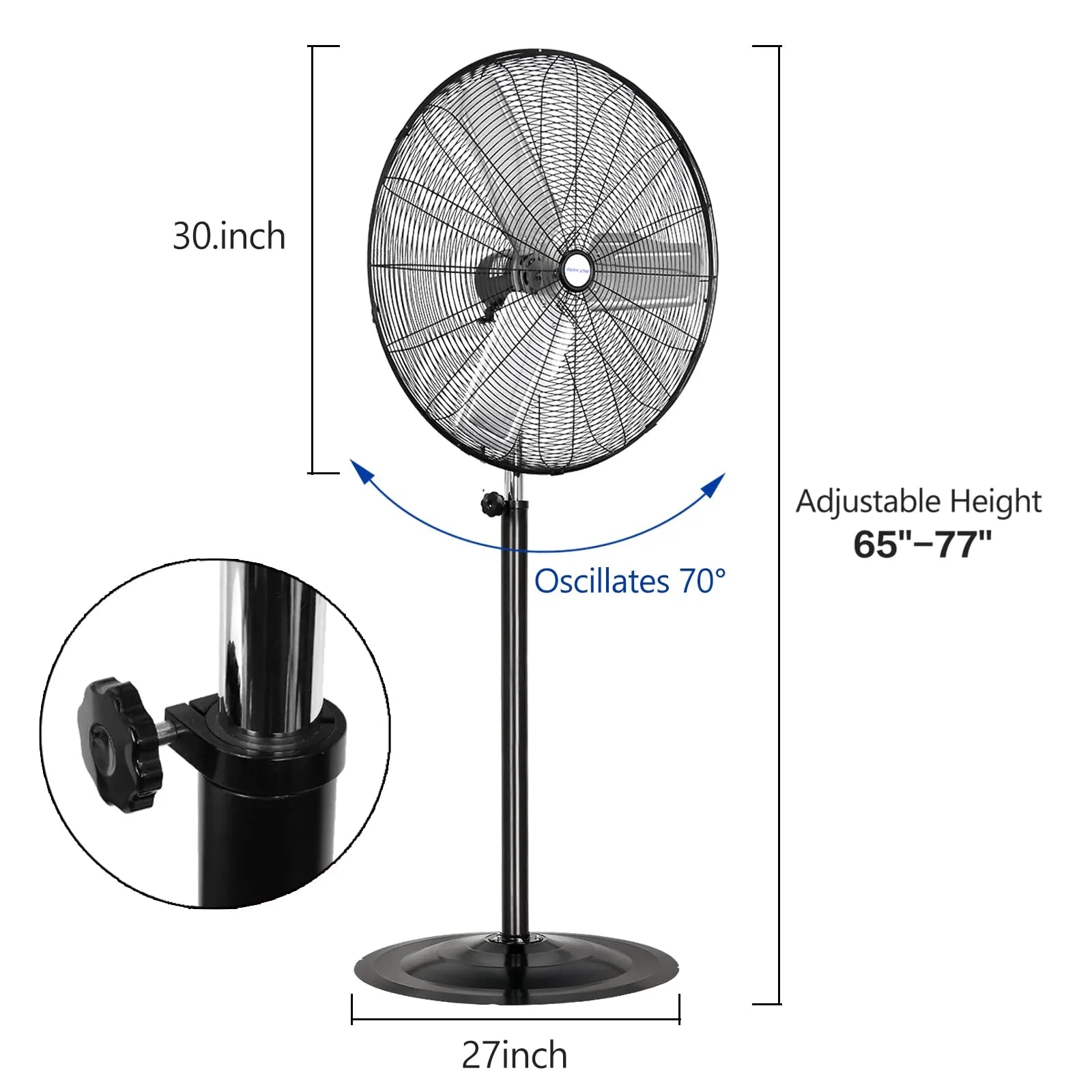 Ventilador industrial de pedestal de alta velocidad BILT HARD de 30" con 3 velocidades y altura ajustable, aspas de aluminio 