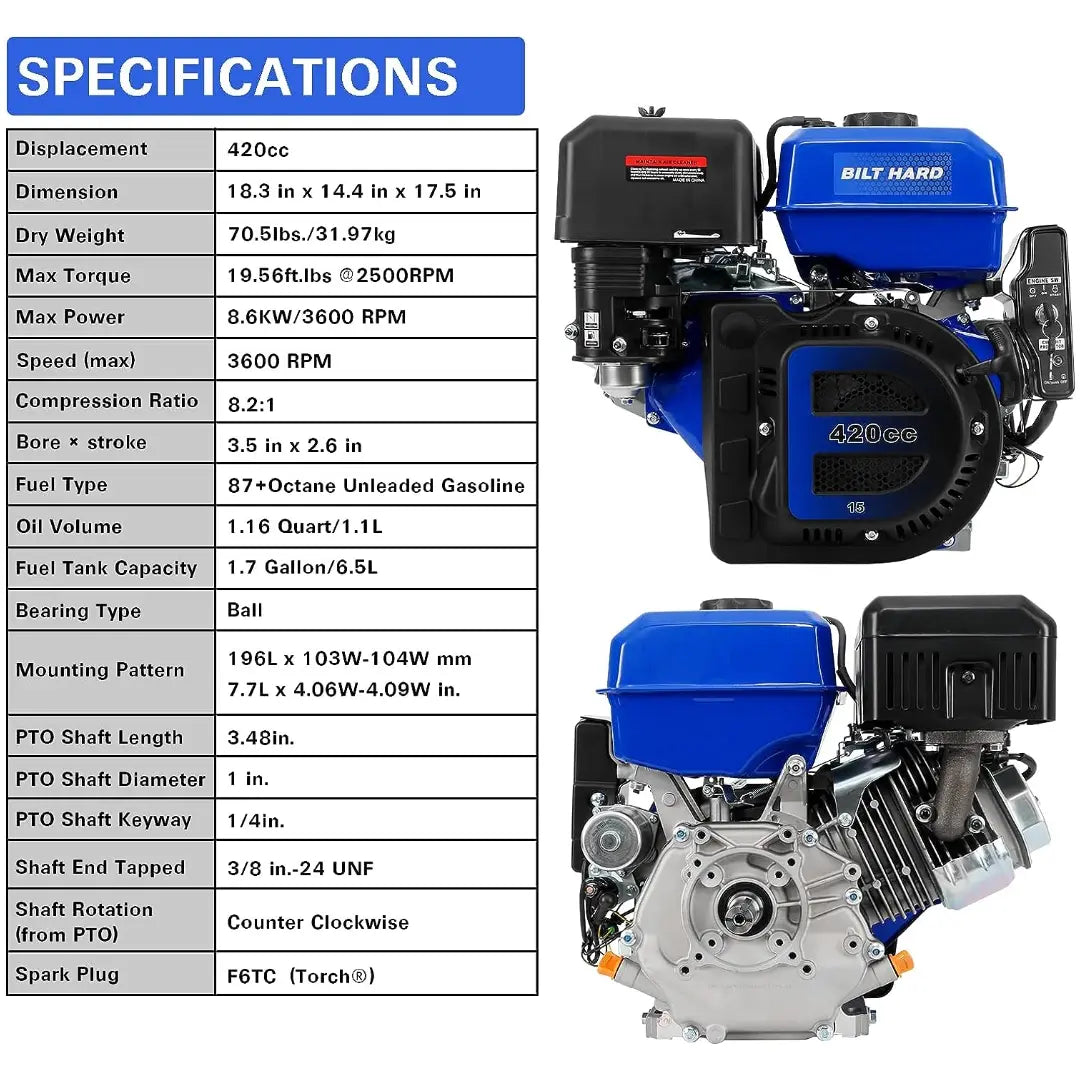 Motor de gasolina BILT HARD de 420 cc y 15 HP, arranque eléctrico, OHV de 4 tiempos, eje horizontal