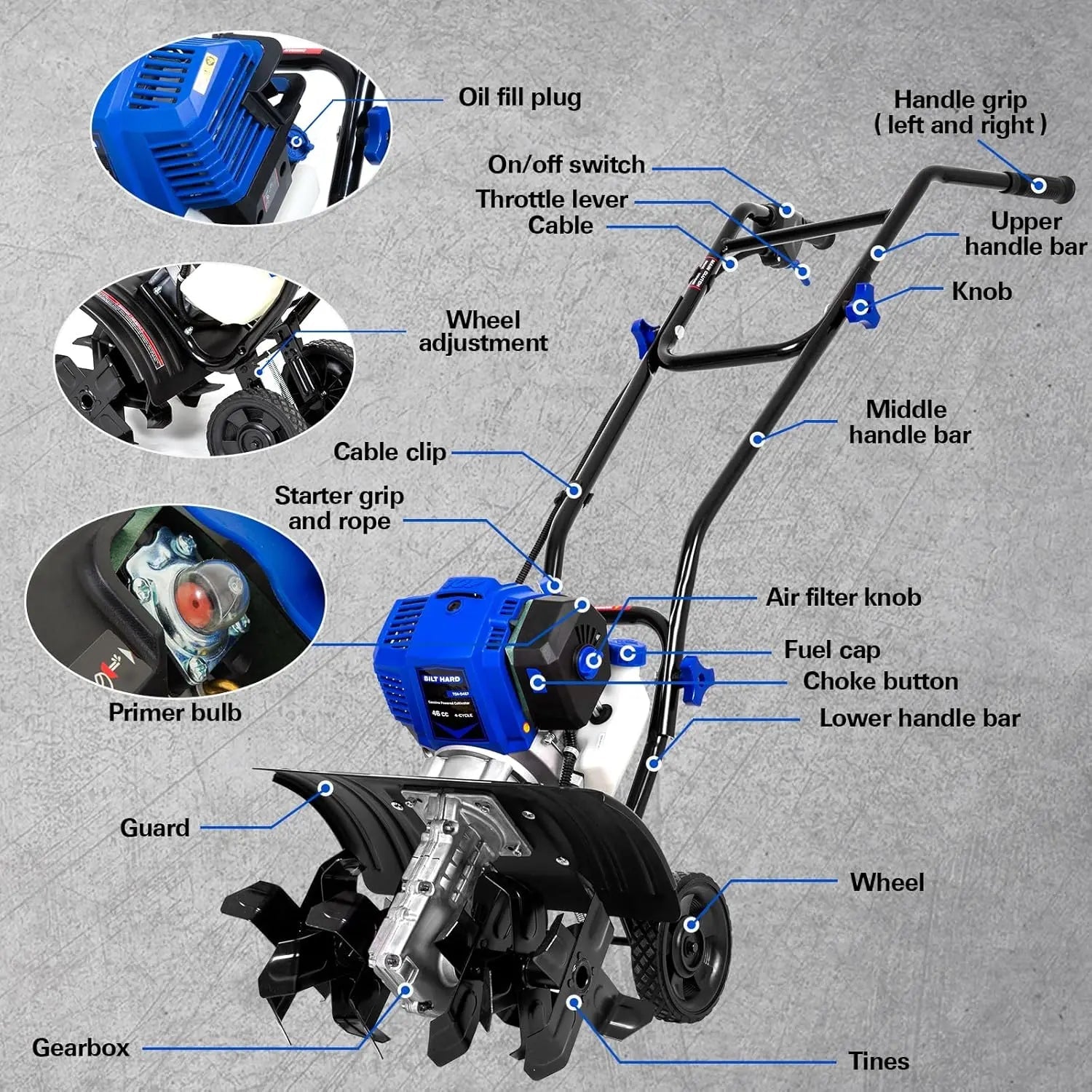BILT HARD 46cc 4-Cycle Gas Tiller Cultivator – 16