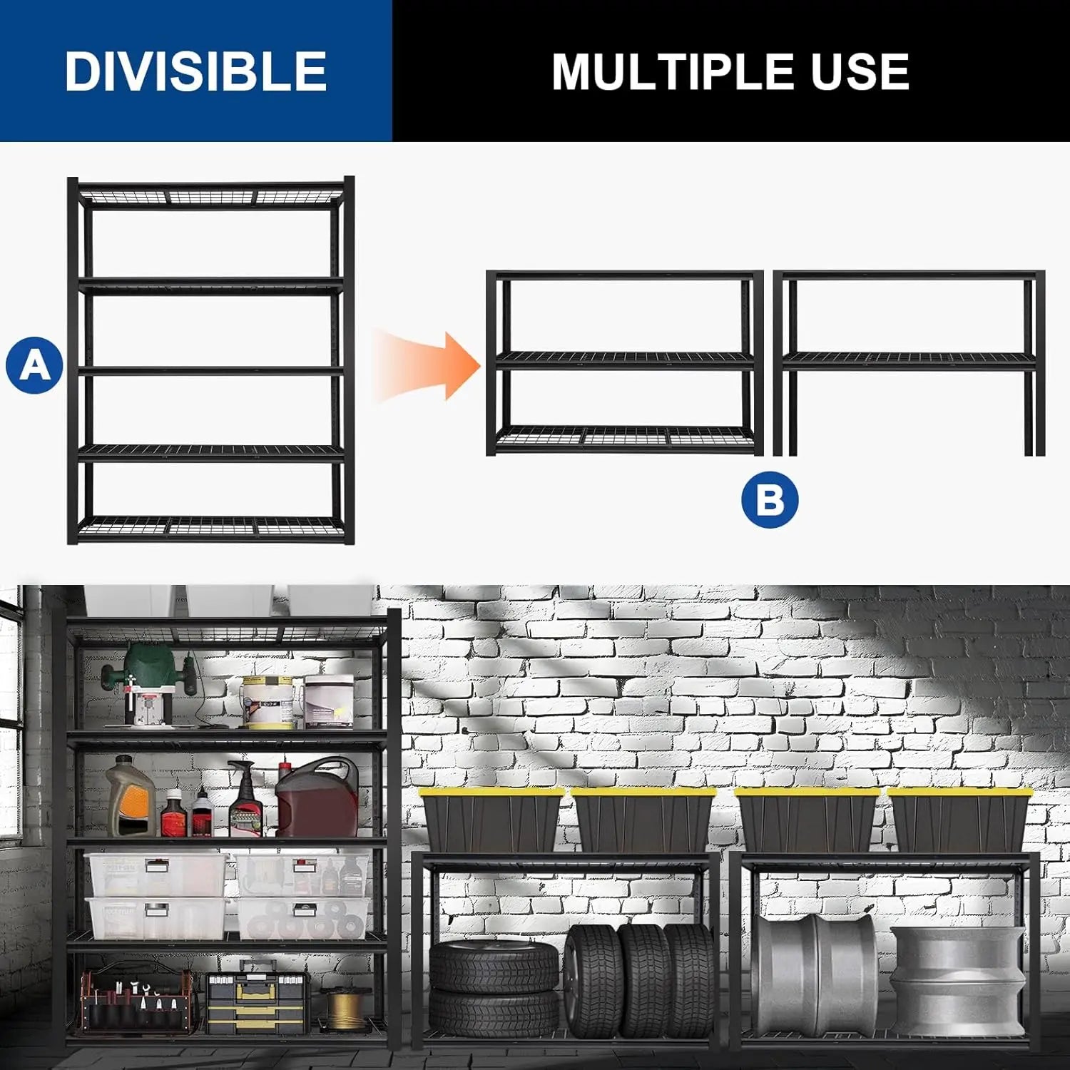 BILT HARD 48" W Garage Shelving 2500 LBS, 72" H x 18" D Storage Shelves, Heavy Duty 5-Tier Metal Shelving Units with Adjustable Shelf, Steel Wire Utility Shelving