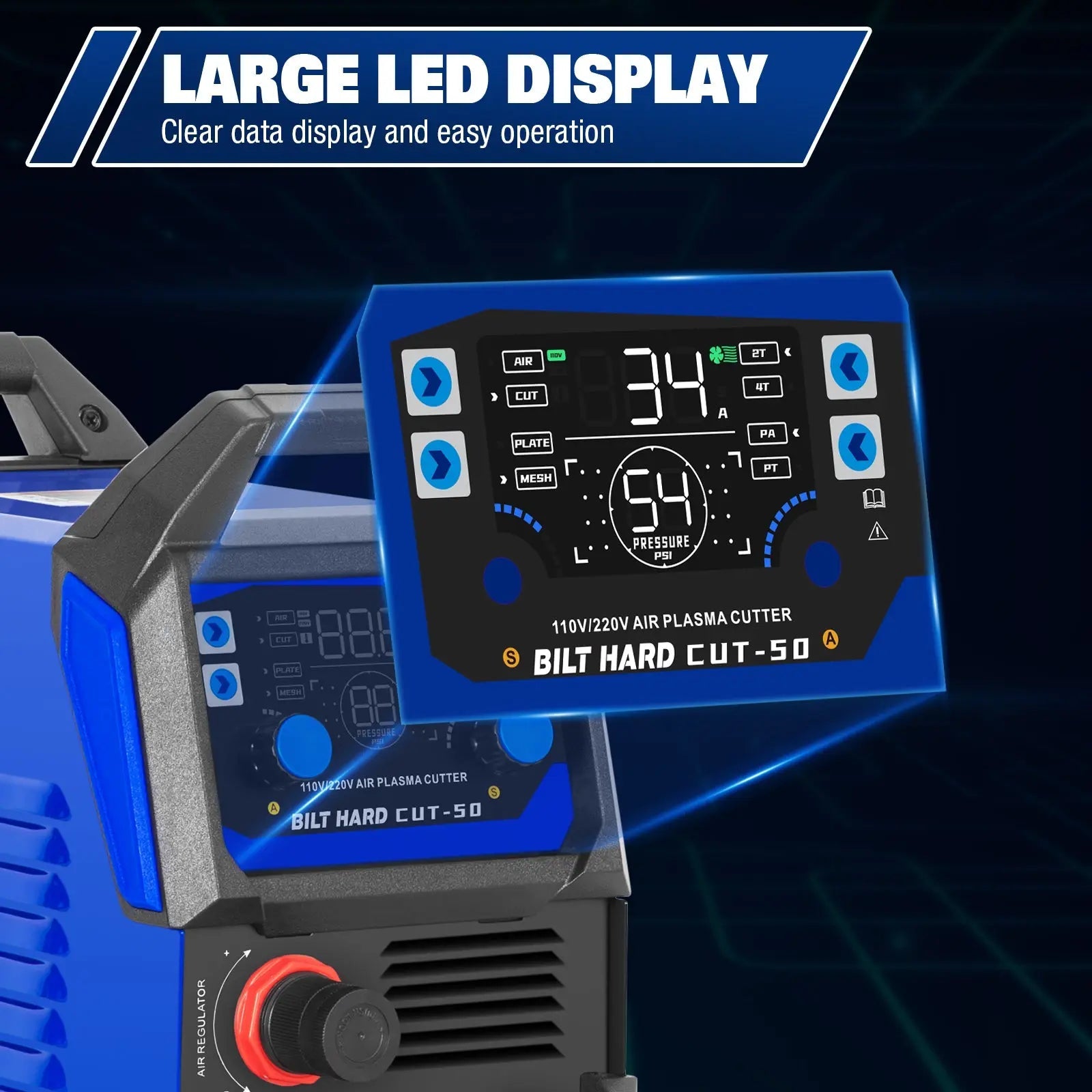 BILT HARD 50A Plasma Cutter, 110V/220V Dual Voltage Pilot Arc Plasma Cutter Machine, 5/8 inch Maximum Cut, IGBT Plasma Cutting Machine with Display Screen