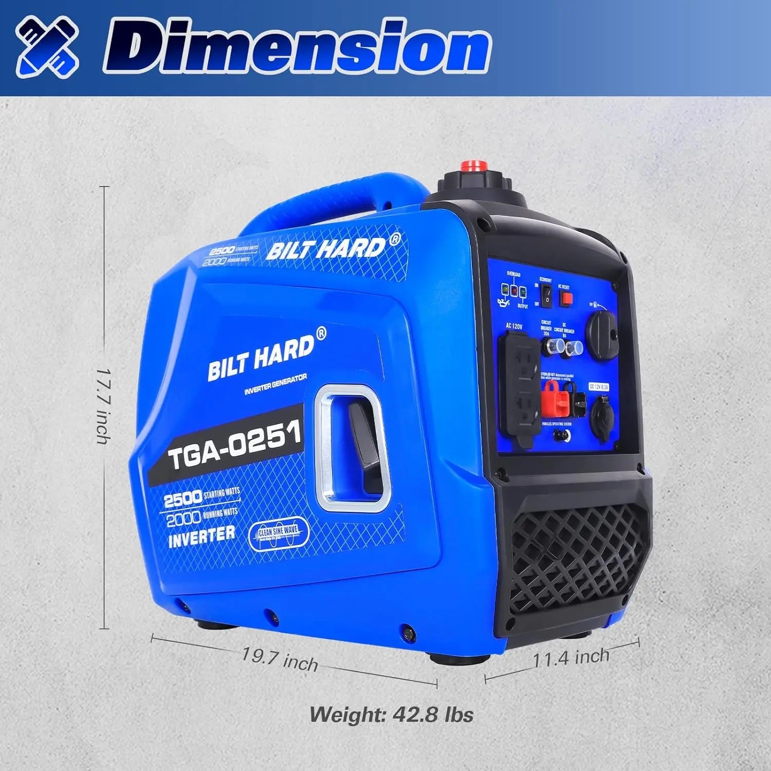 BILT HARD 2500W Quiet Inverter Generator, 80cc 4-Stroke Engine, 120V AC & 12V DC Output