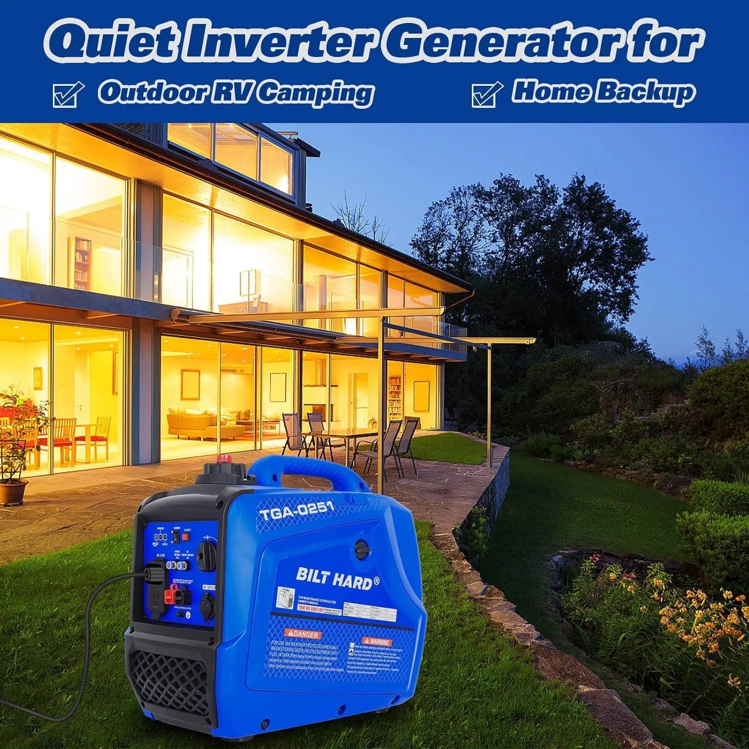 BILT HARD 2500W Quiet Inverter Generator, 80cc 4-Stroke Engine, 120V AC & 12V DC Output