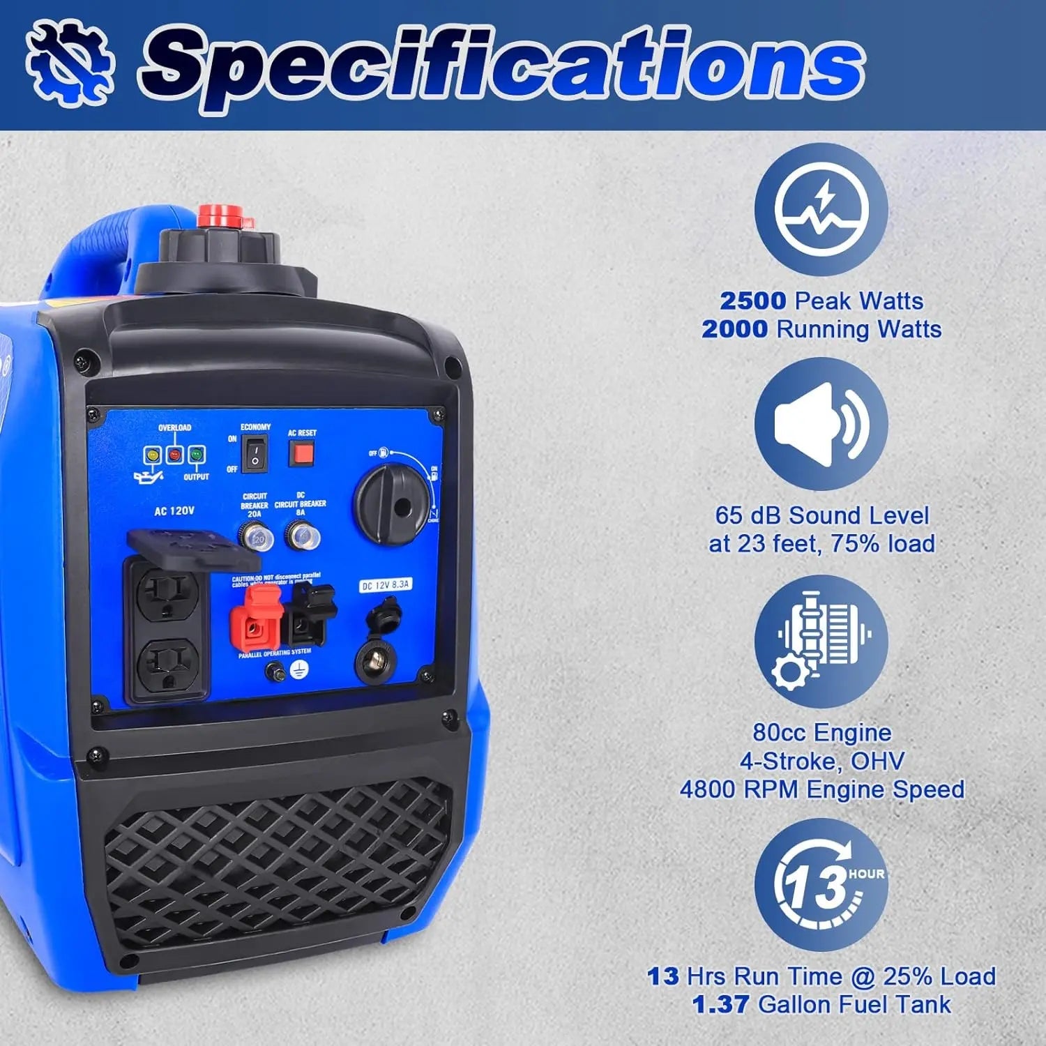 BILT HARD 2500W Quiet Inverter Generator, 80cc 4-Stroke Engine, 120V AC & 12V DC Output