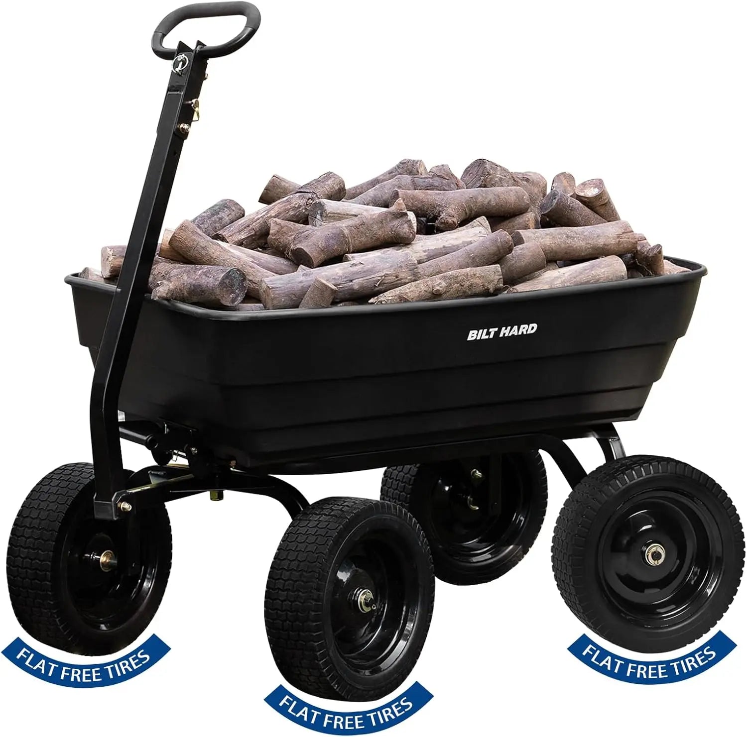 Carro de jardín BILT HARD Poly de 1200 lb sin pinchazos, liberación rápida, manija convertible 2 en 1, 7 pies cúbicos, carro de volteo resistente para patio y exteriores