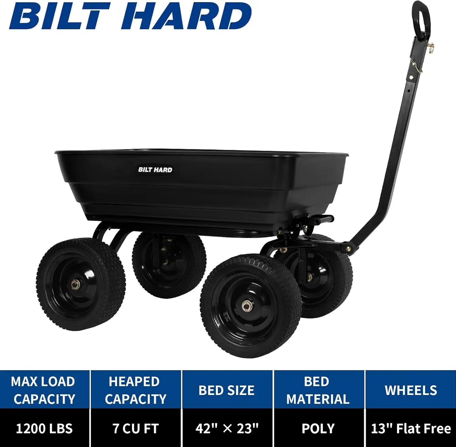 Carro de jardín BILT HARD Poly de 1200 lb sin pinchazos, liberación rápida, manija convertible 2 en 1, 7 pies cúbicos, carro de volteo resistente para patio y exteriores