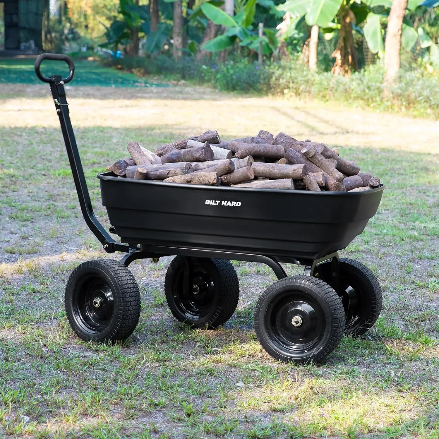Carro de jardín BILT HARD Poly de 1200 lb sin pinchazos, liberación rápida, manija convertible 2 en 1, 7 pies cúbicos, carro de volteo resistente para patio y exteriores