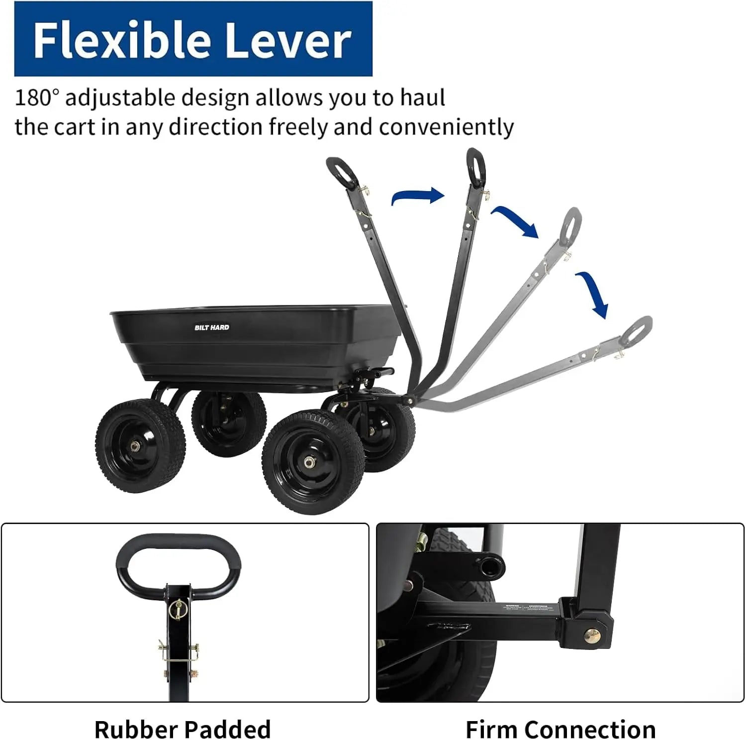 Carro de jardín BILT HARD Poly de 1200 lb sin pinchazos, liberación rápida, manija convertible 2 en 1, 7 pies cúbicos, carro de volteo resistente para patio y exteriores