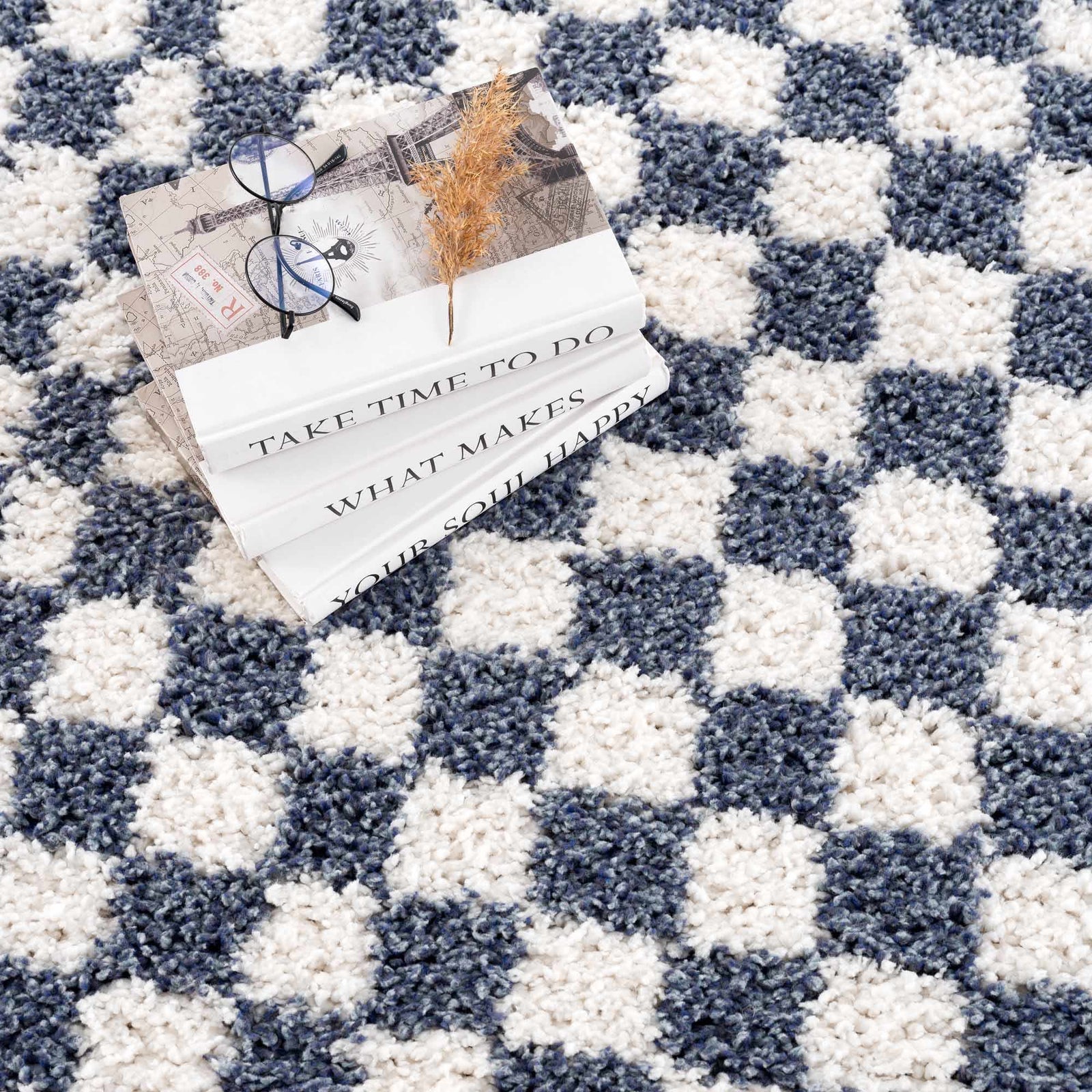 Alfombra de cuadros blancos y azules de Kieu