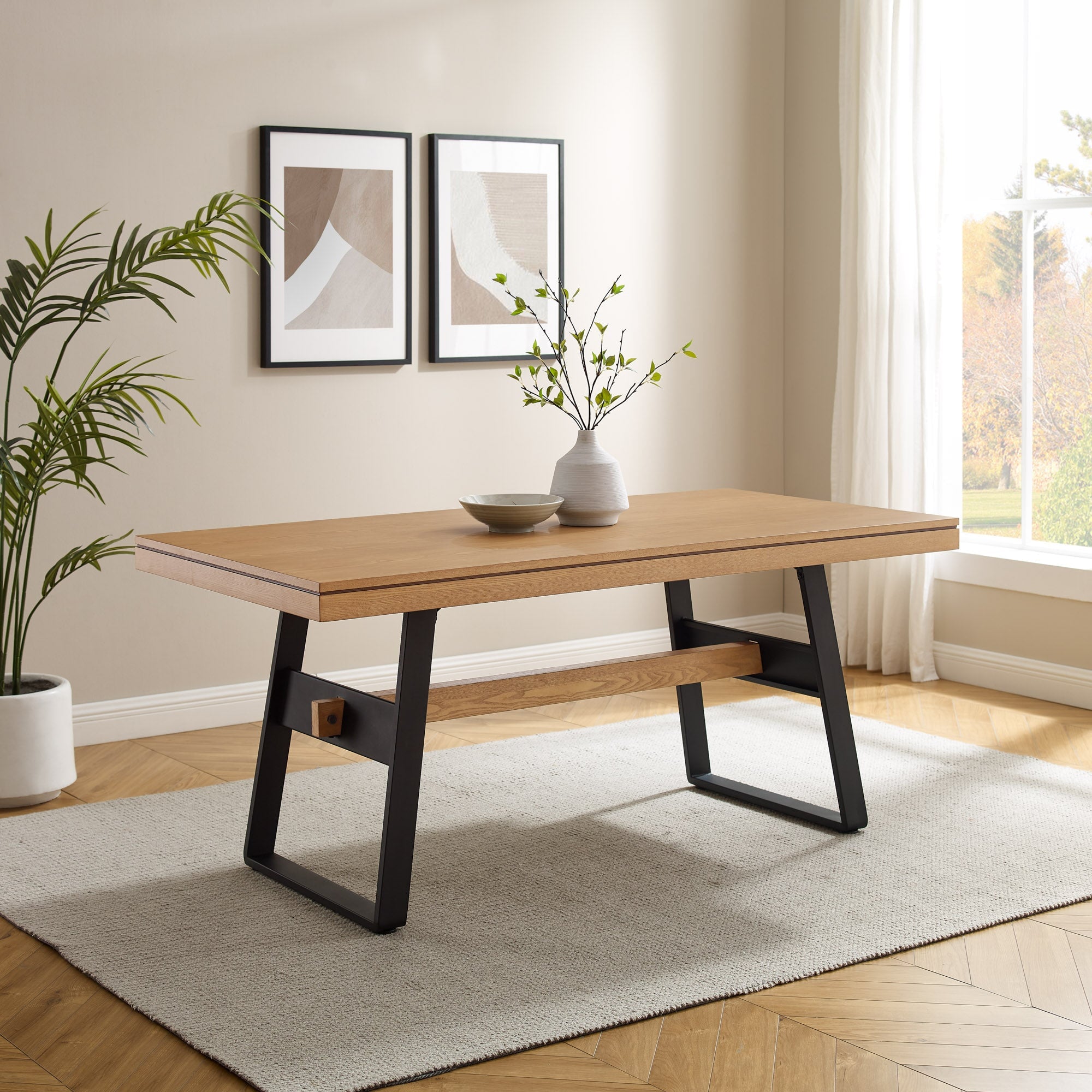 Mesa de comedor y escritorio con patas de puente de estilo industrial moderno de Brickell
