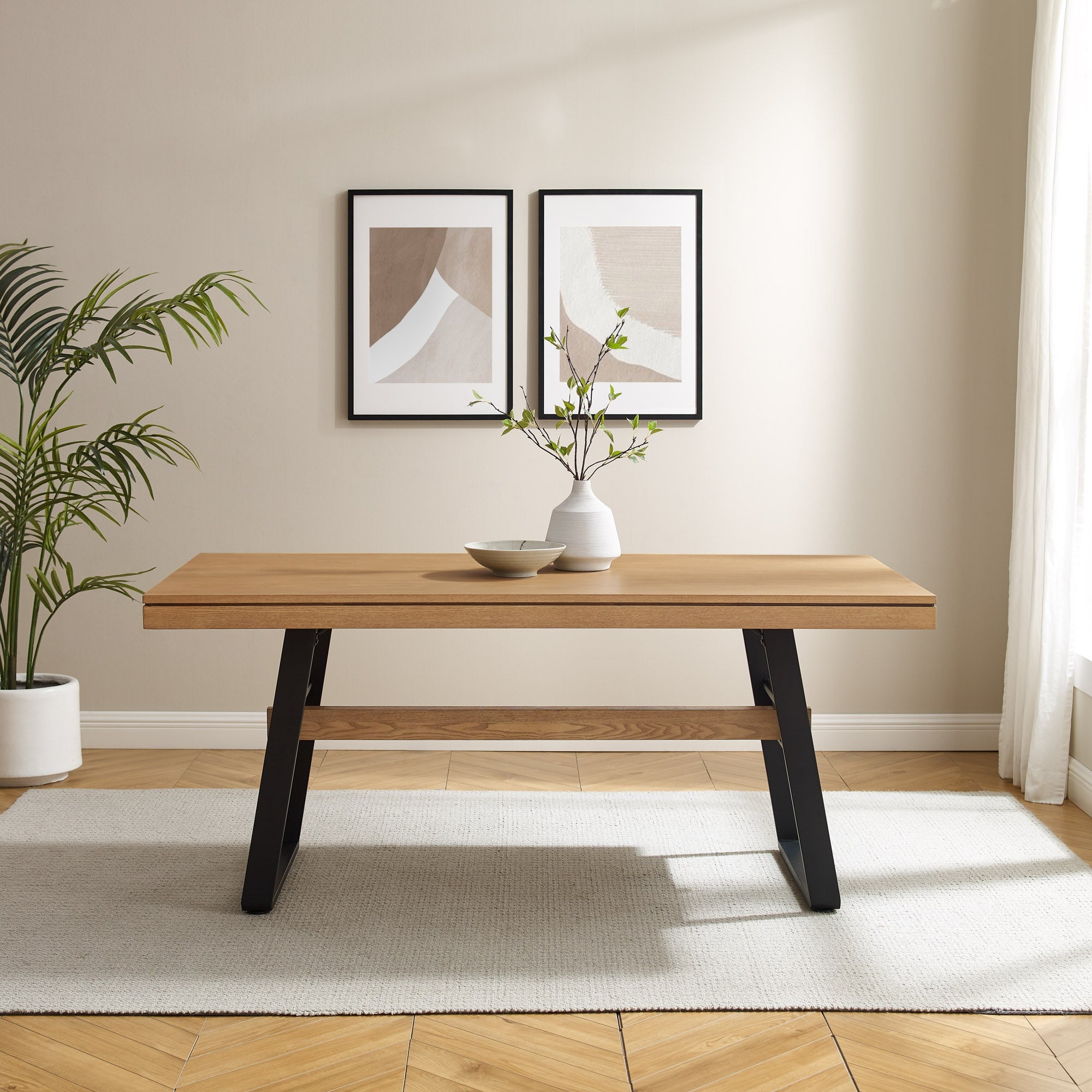 Mesa de comedor y escritorio con patas de puente de estilo industrial moderno de Brickell