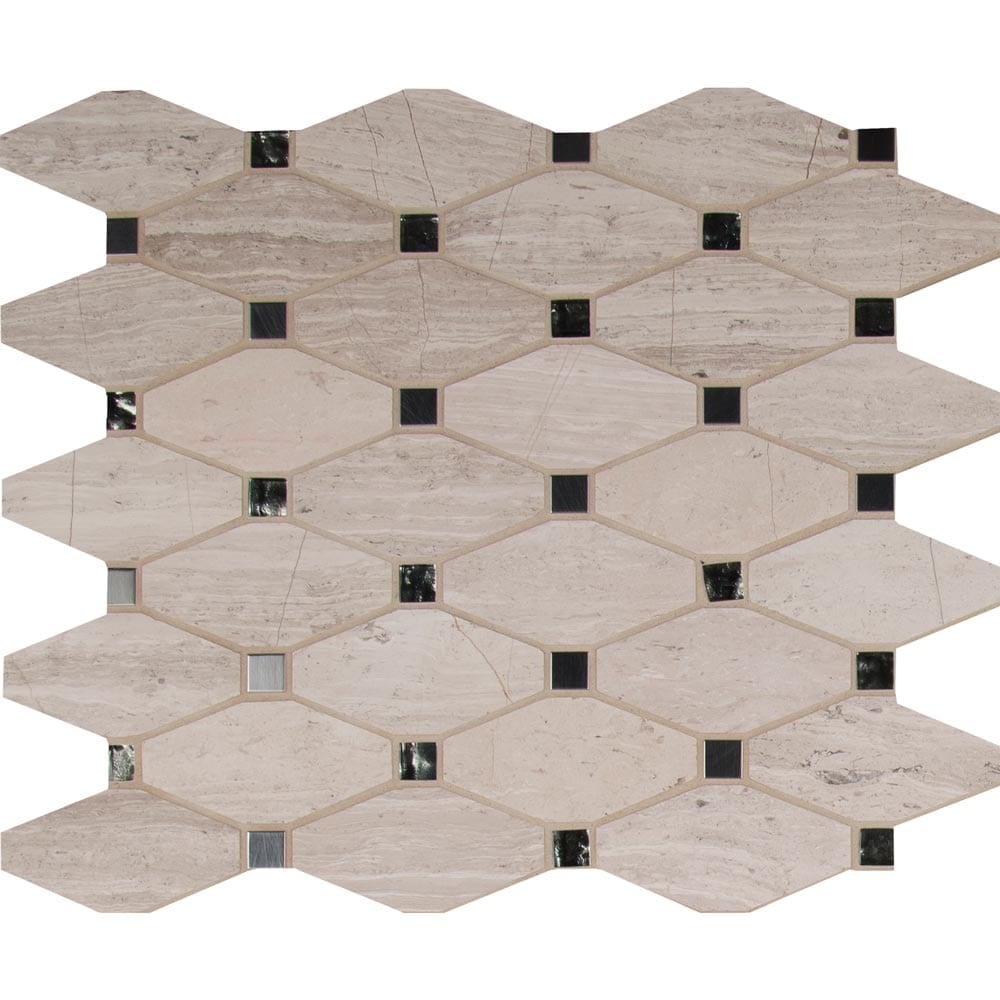 Mosaico de vidrio, metal y piedra Bayview, octogonal alargado de 30 x 34 cm, montado sobre malla - Colección MSI