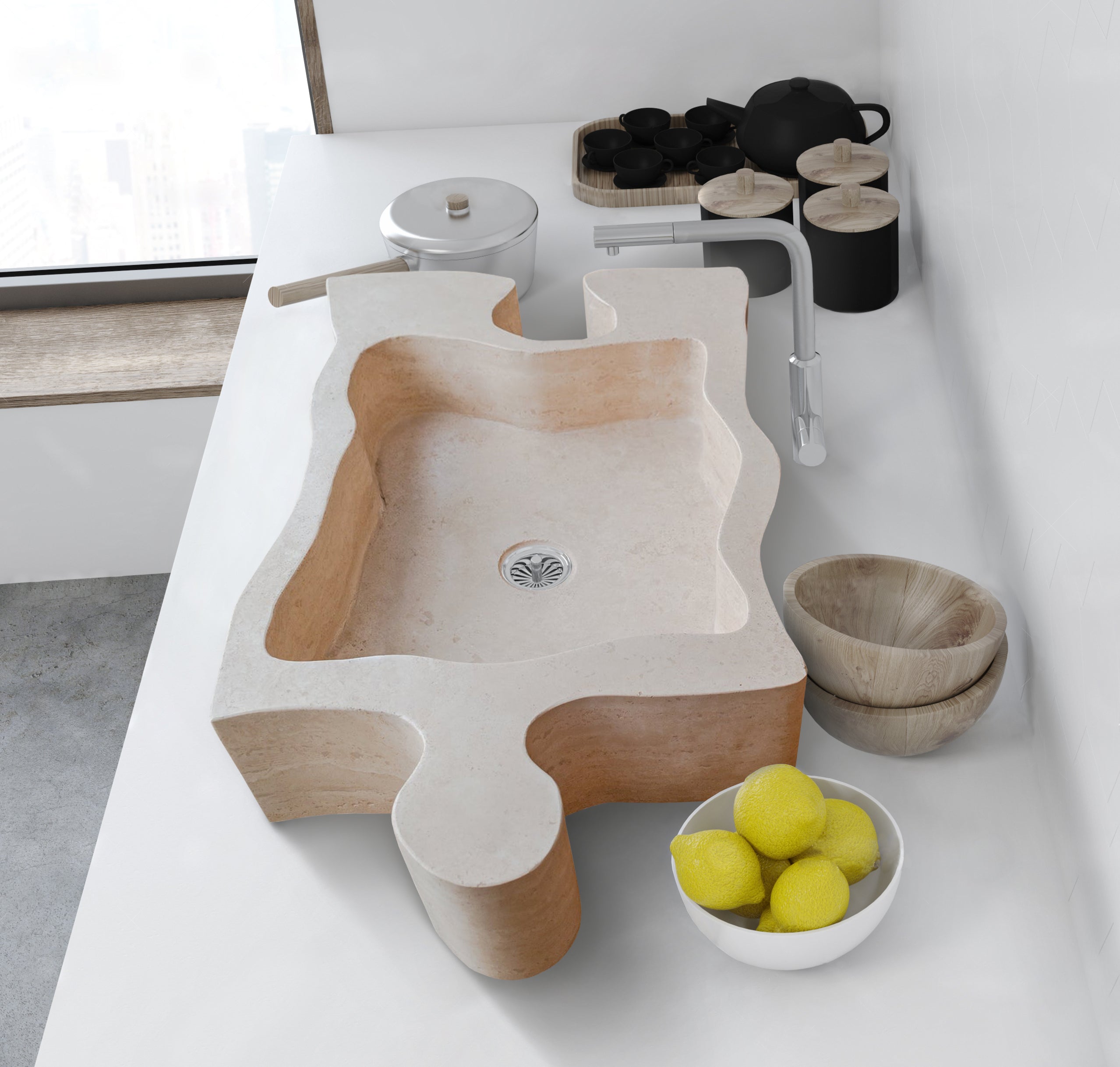 Lavabo de baño con forma de rompecabezas de travertino beige de piedra natural sobre tocador