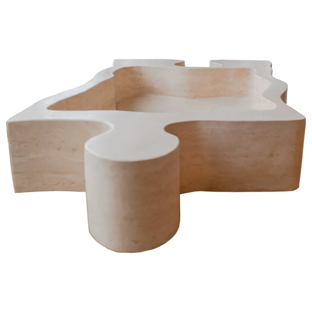 Lavabo de baño con forma de rompecabezas de travertino beige de piedra natural sobre tocador