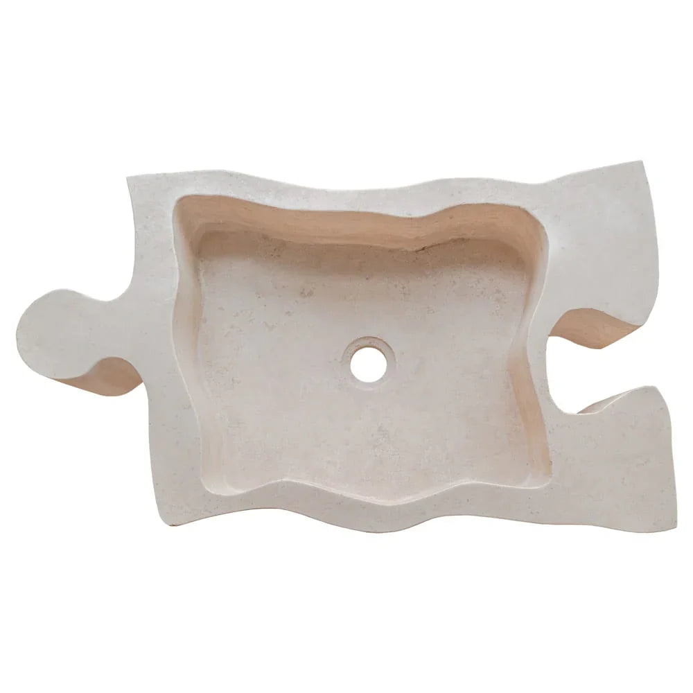 Lavabo de baño con forma de rompecabezas de travertino beige de piedra natural sobre tocador