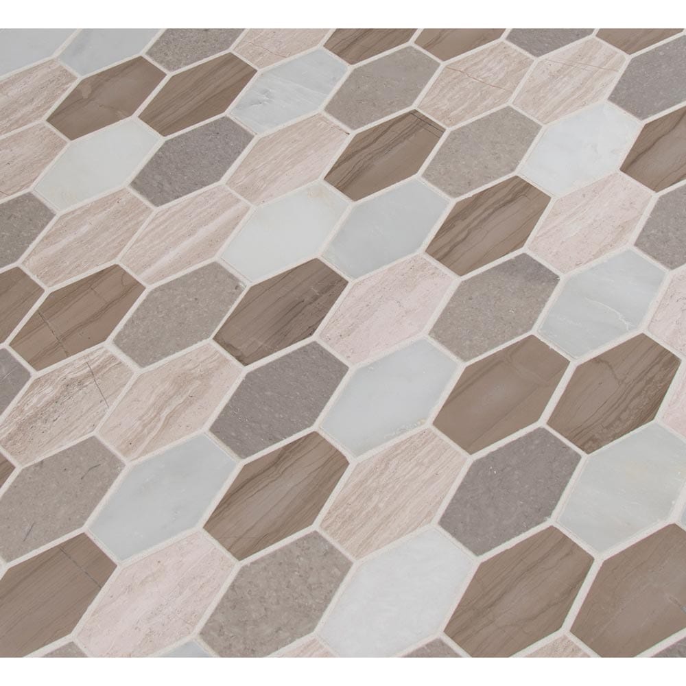 Mosaico hexagonal de mármol pulido Bellagio Blend, alargado, de 11,63" x 12", montado en malla - Colección MSI