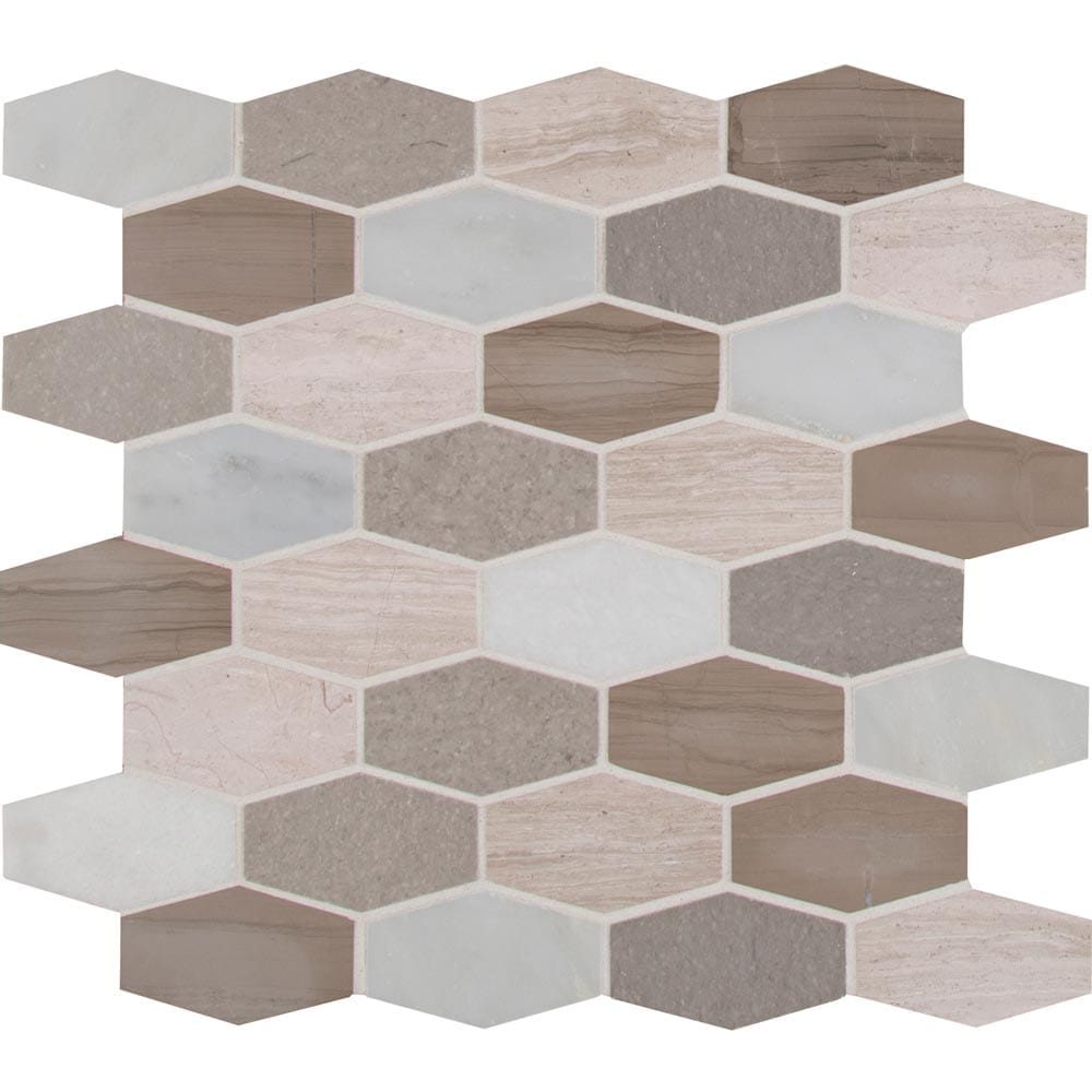 Mosaico hexagonal de mármol pulido Bellagio Blend, alargado, de 11,63" x 12", montado en malla - Colección MSI