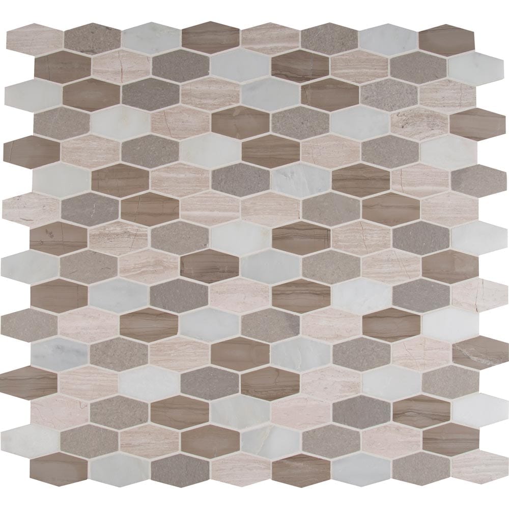 Mosaico hexagonal de mármol pulido Bellagio Blend, alargado, de 11,63" x 12", montado en malla - Colección MSI