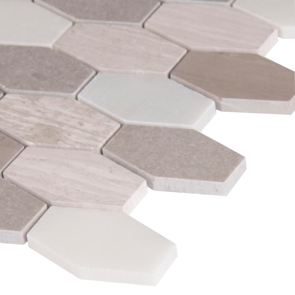 Mosaico hexagonal de mármol pulido Bellagio Blend, alargado, de 11,63" x 12", montado en malla - Colección MSI