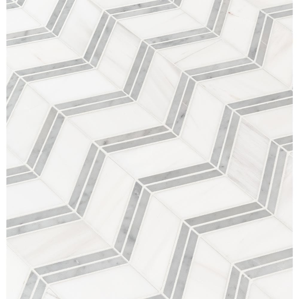 Mosaico de mármol pulido Bianco Dolomite Chevron de 30,5 x 30,5 cm, montado en malla - Colección MSI