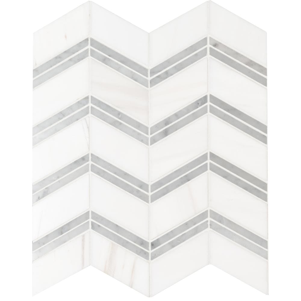 Mosaico de mármol pulido Bianco Dolomite Chevron de 30,5 x 30,5 cm, montado en malla - Colección MSI