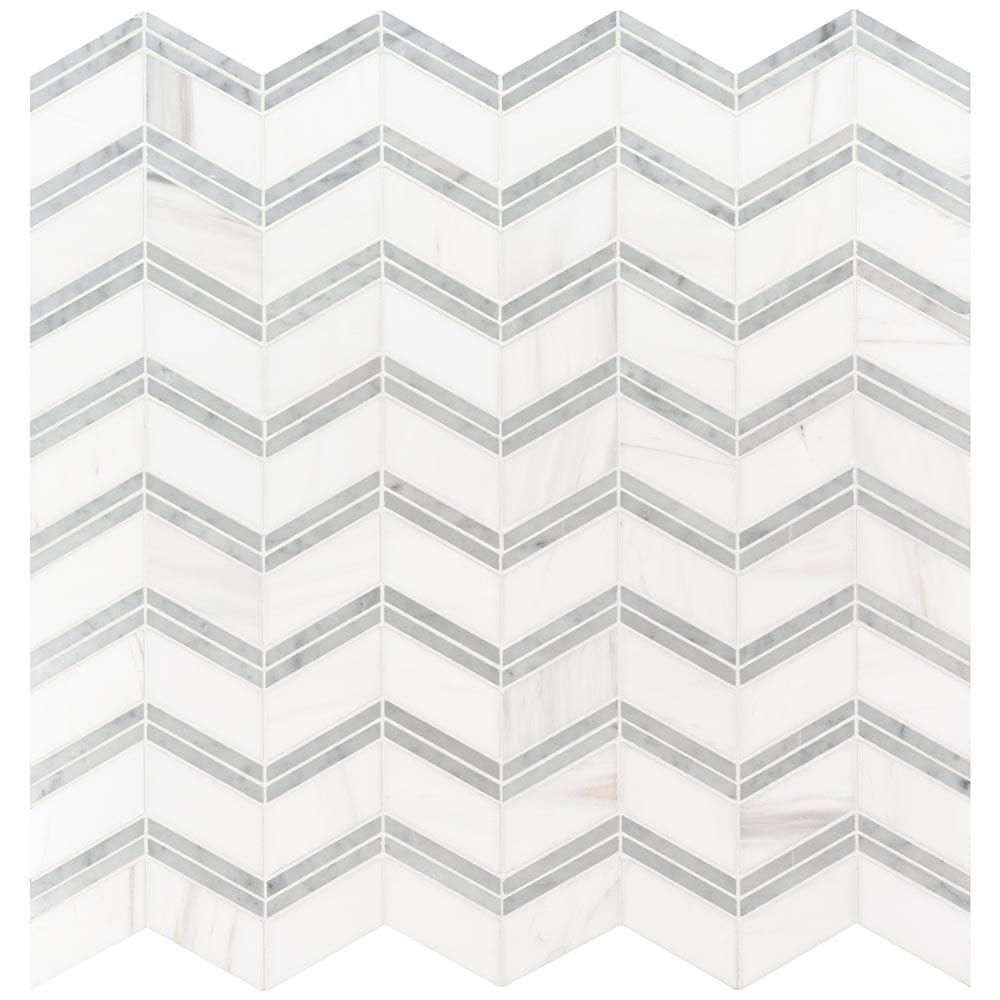 Mosaico de mármol pulido Bianco Dolomite Chevron de 30,5 x 30,5 cm, montado en malla - Colección MSI