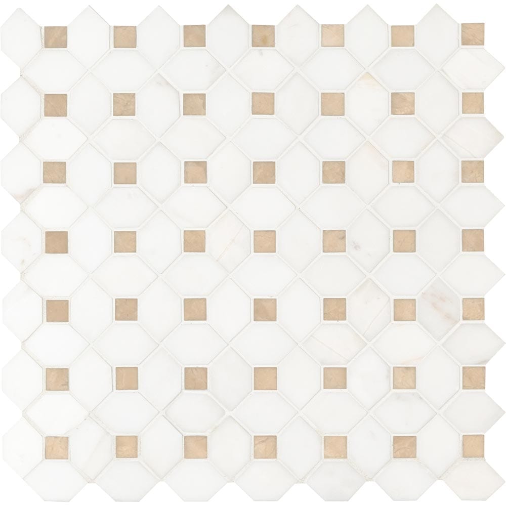 Mosaico de mármol pulido Bianco Dolomite Crema Dotty de 32,5 x 32,5 cm, montado en malla - Colección MSI