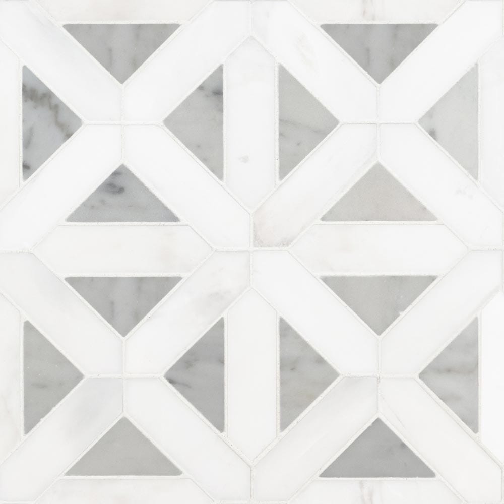 Mosaico geométrico de mármol pulido Bianco Dolomite de 30 x 30 cm, montado en malla - Colección MSI