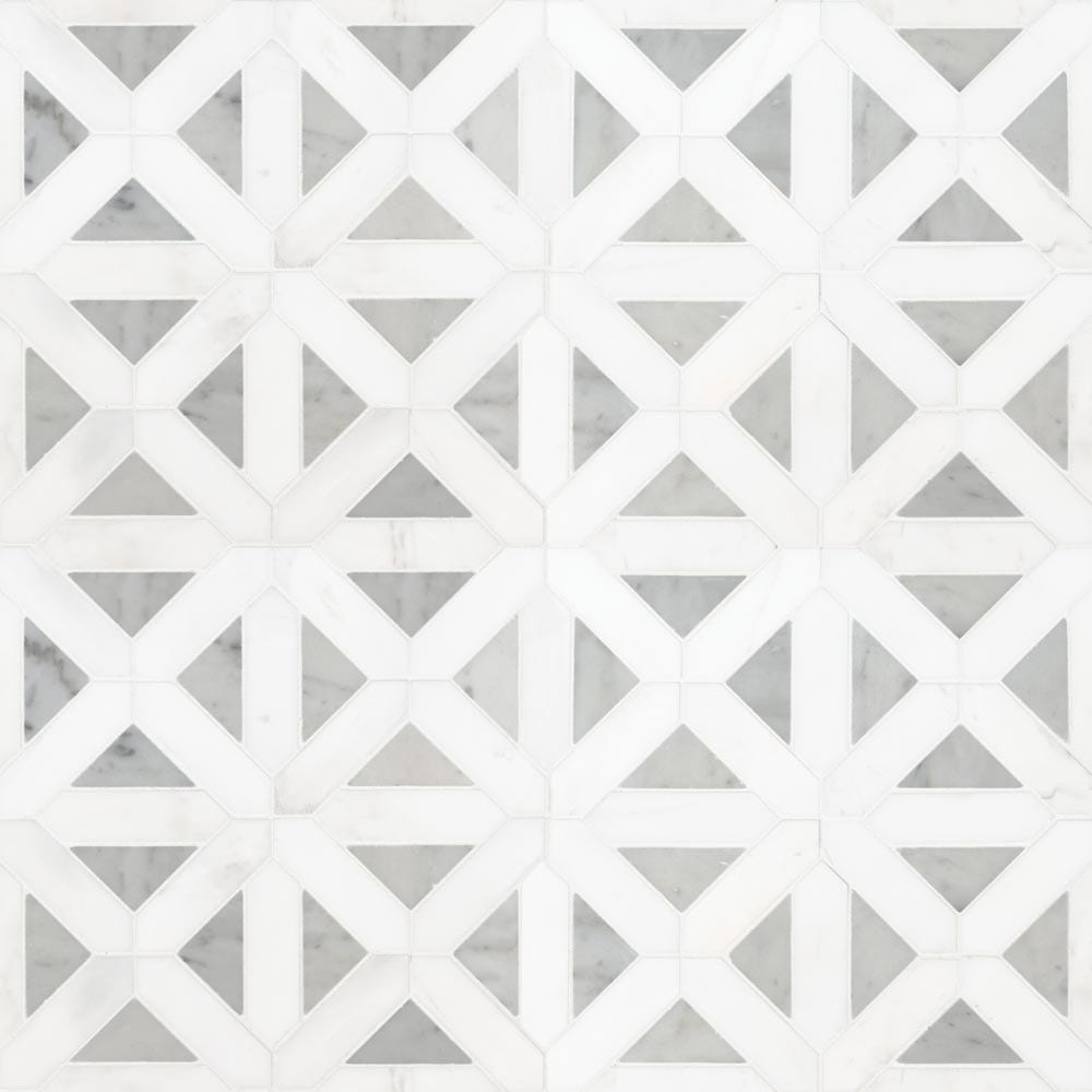 Mosaico geométrico de mármol pulido Bianco Dolomite de 30 x 30 cm, montado en malla - Colección MSI