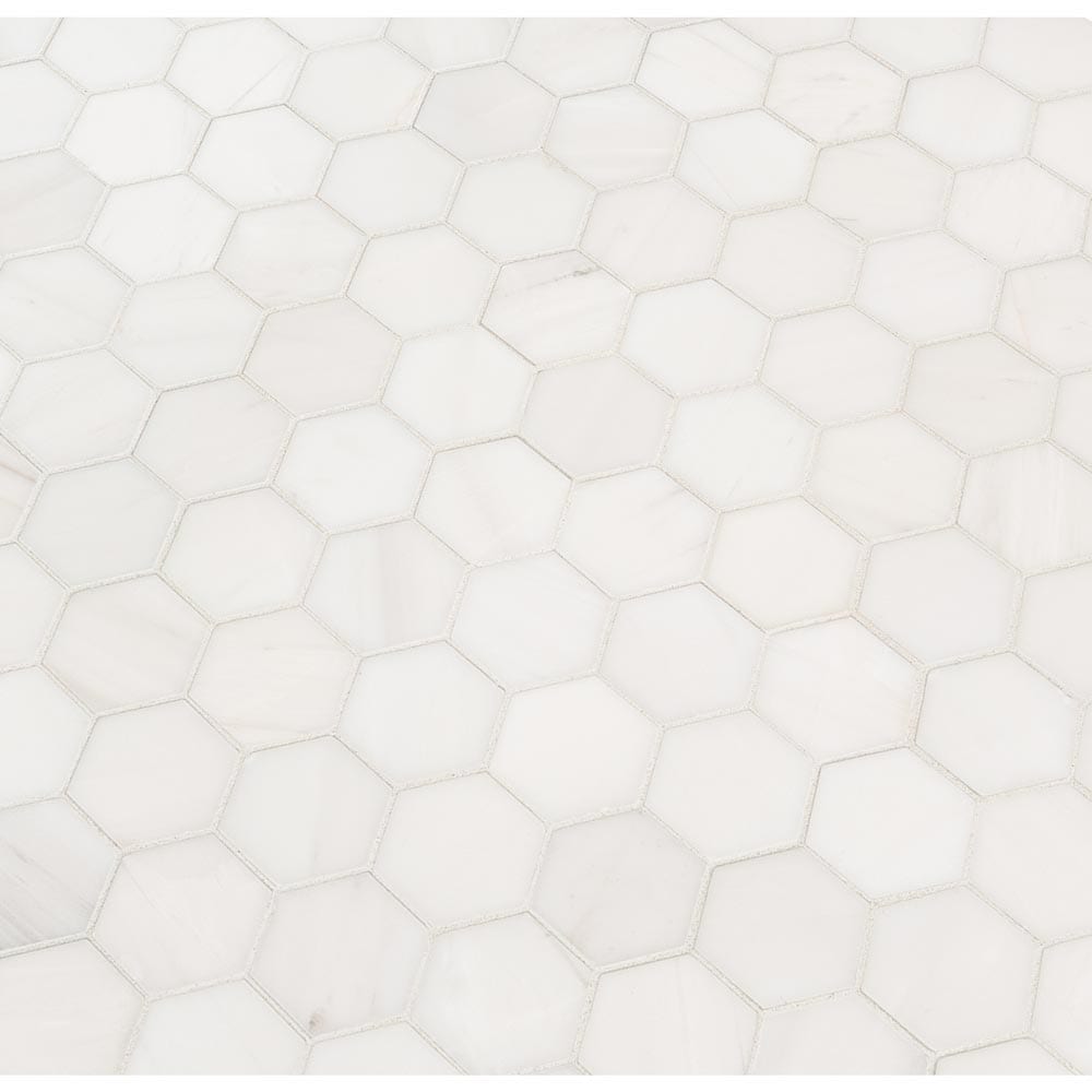 Mosaico hexagonal de mármol pulido Bianco Dolomite de 29,5 x 30,5 cm, montado en malla, colección MSI