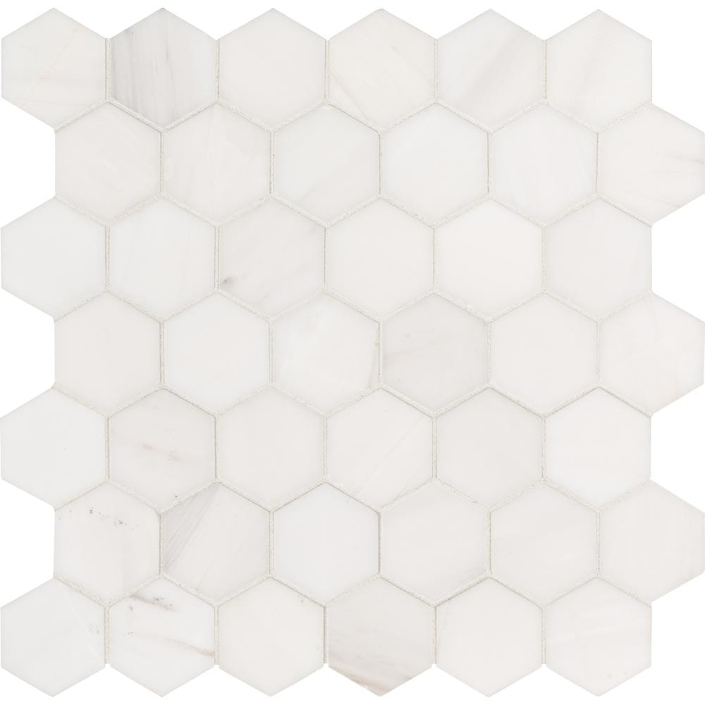 Mosaico hexagonal de mármol pulido Bianco Dolomite de 29,5 x 30,5 cm, montado en malla, colección MSI