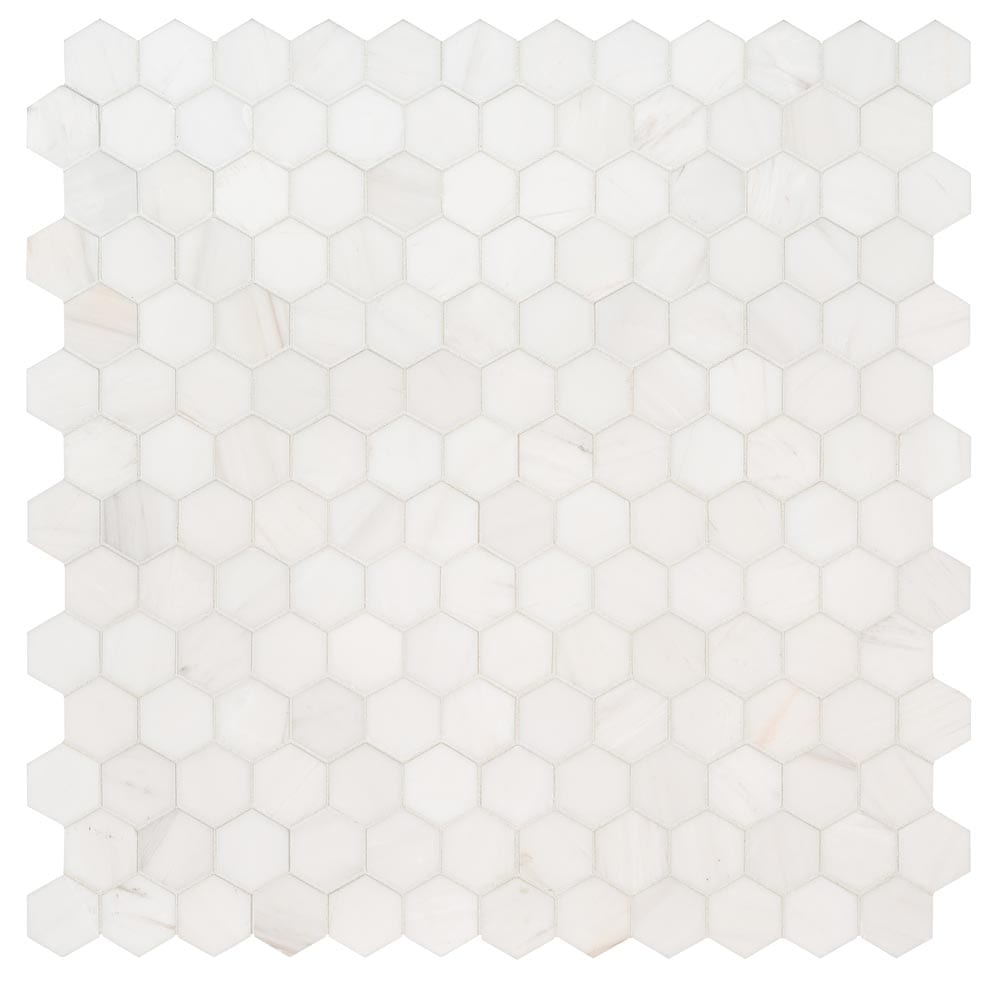 Mosaico hexagonal de mármol pulido Bianco Dolomite de 29,5 x 30,5 cm, montado en malla, colección MSI