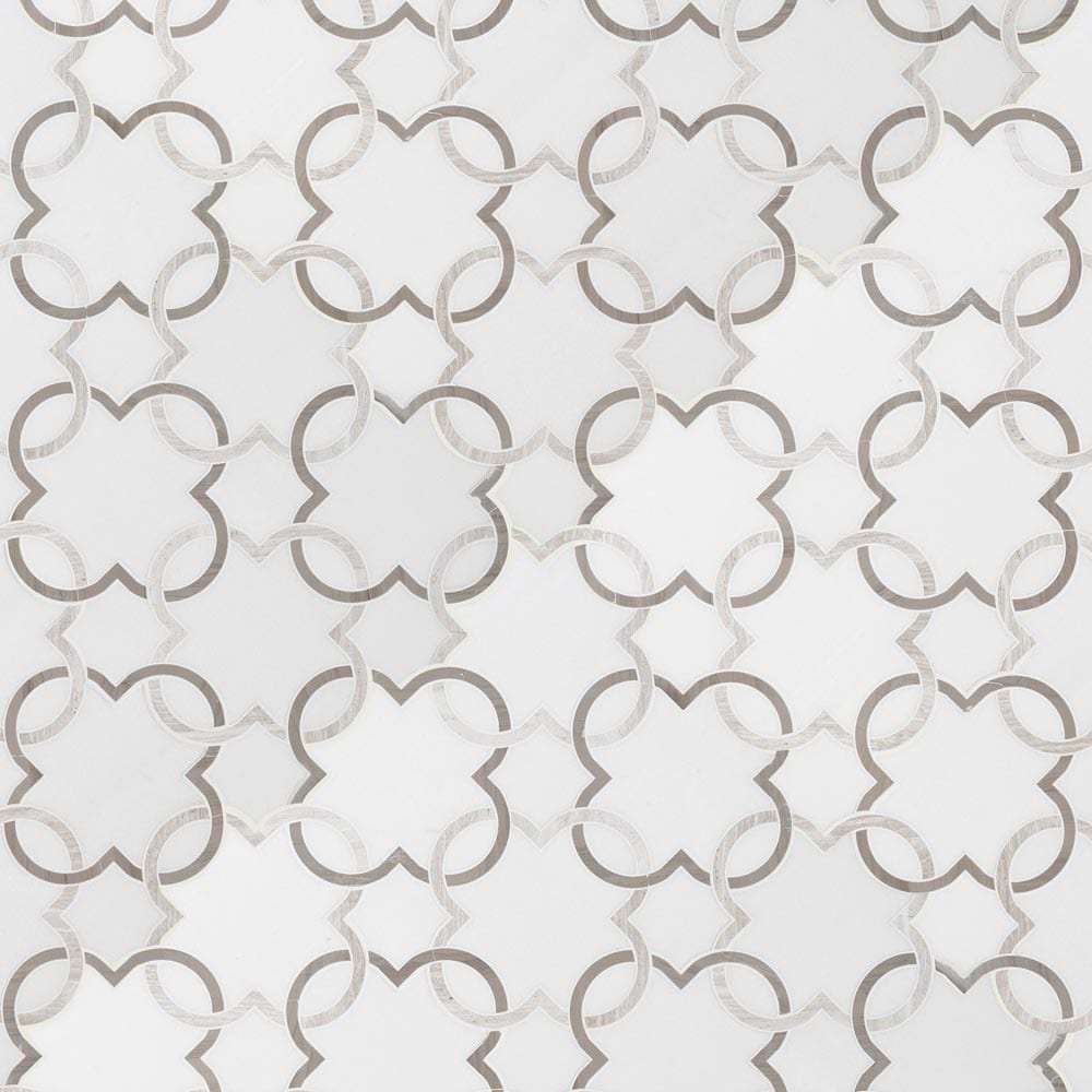 Mosaico de mármol pulido Bianco Quatrefoil de 30 x 30 cm, montado en malla - Colección MSI
