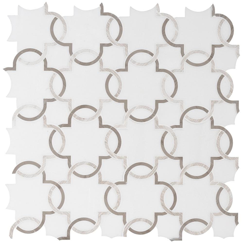 Mosaico de mármol pulido Bianco Quatrefoil de 30 x 30 cm, montado en malla - Colección MSI