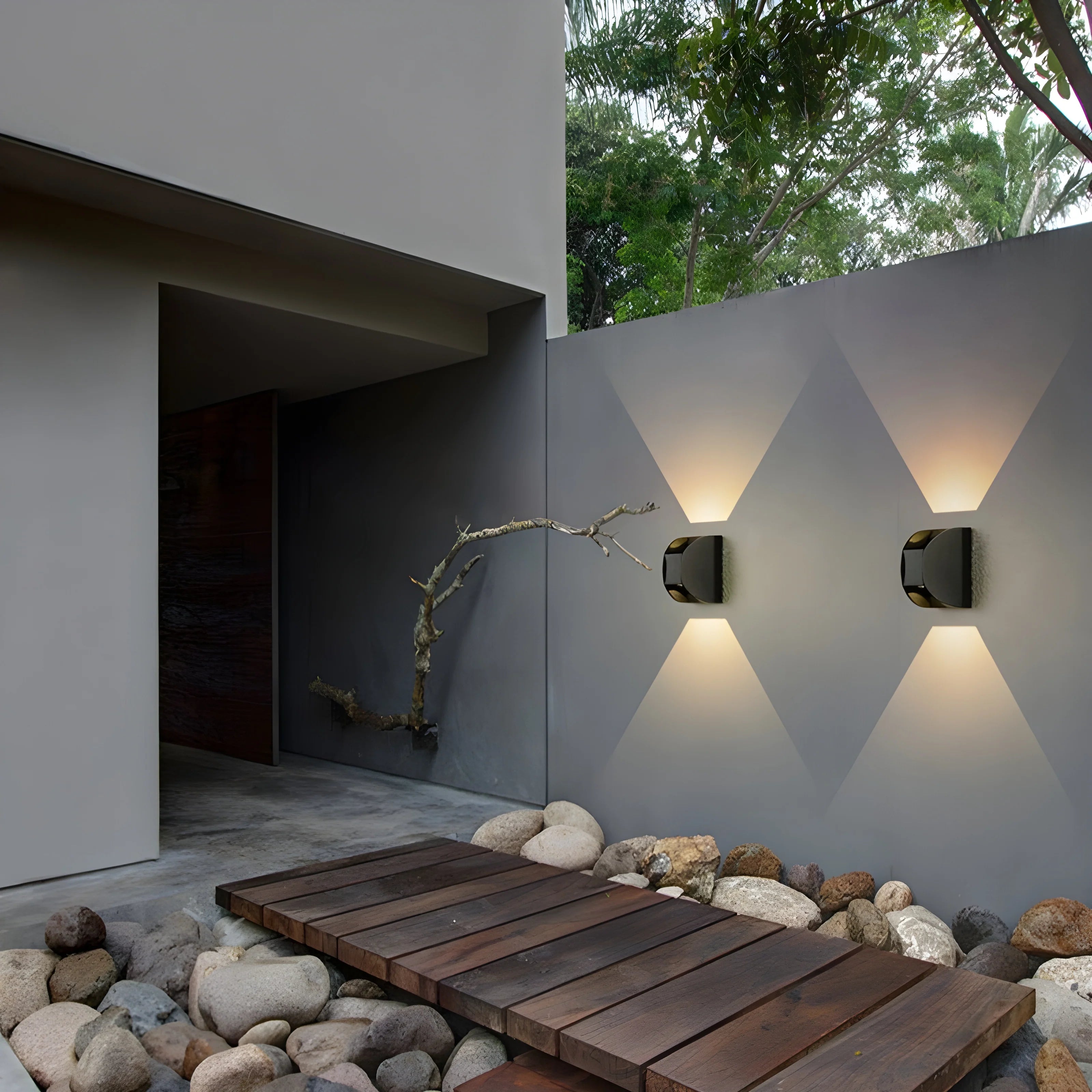 Aplique de pared LED de aluminio negro moderno e impermeable para exteriores, ideal para jardín y patio.