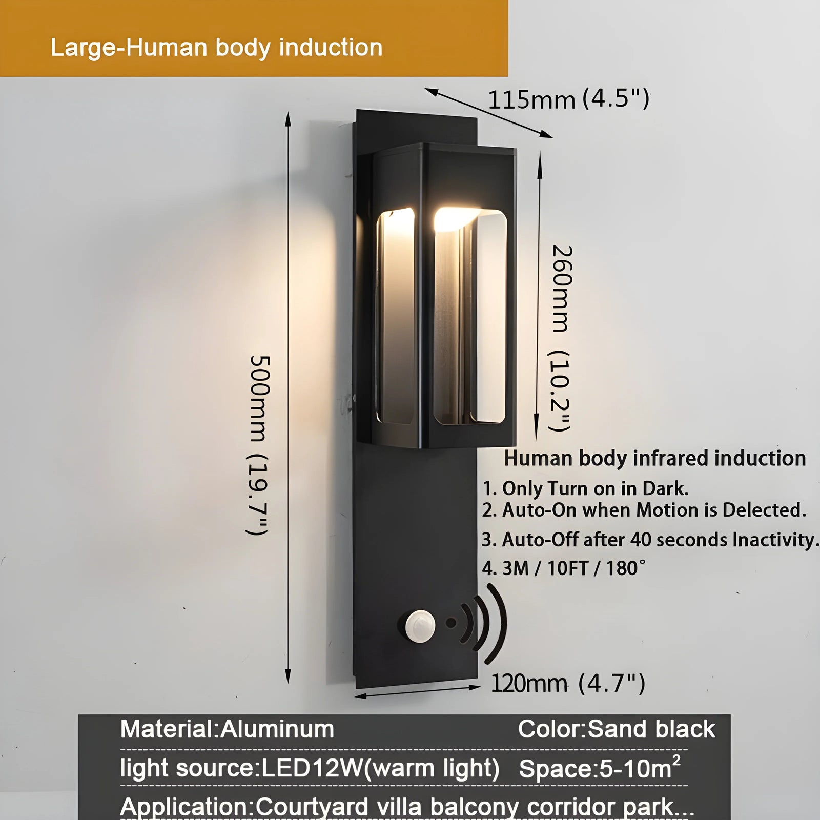 Aplique de pared LED de aluminio para exteriores, resistente al agua, color negro y bronce, con sensor de movimiento