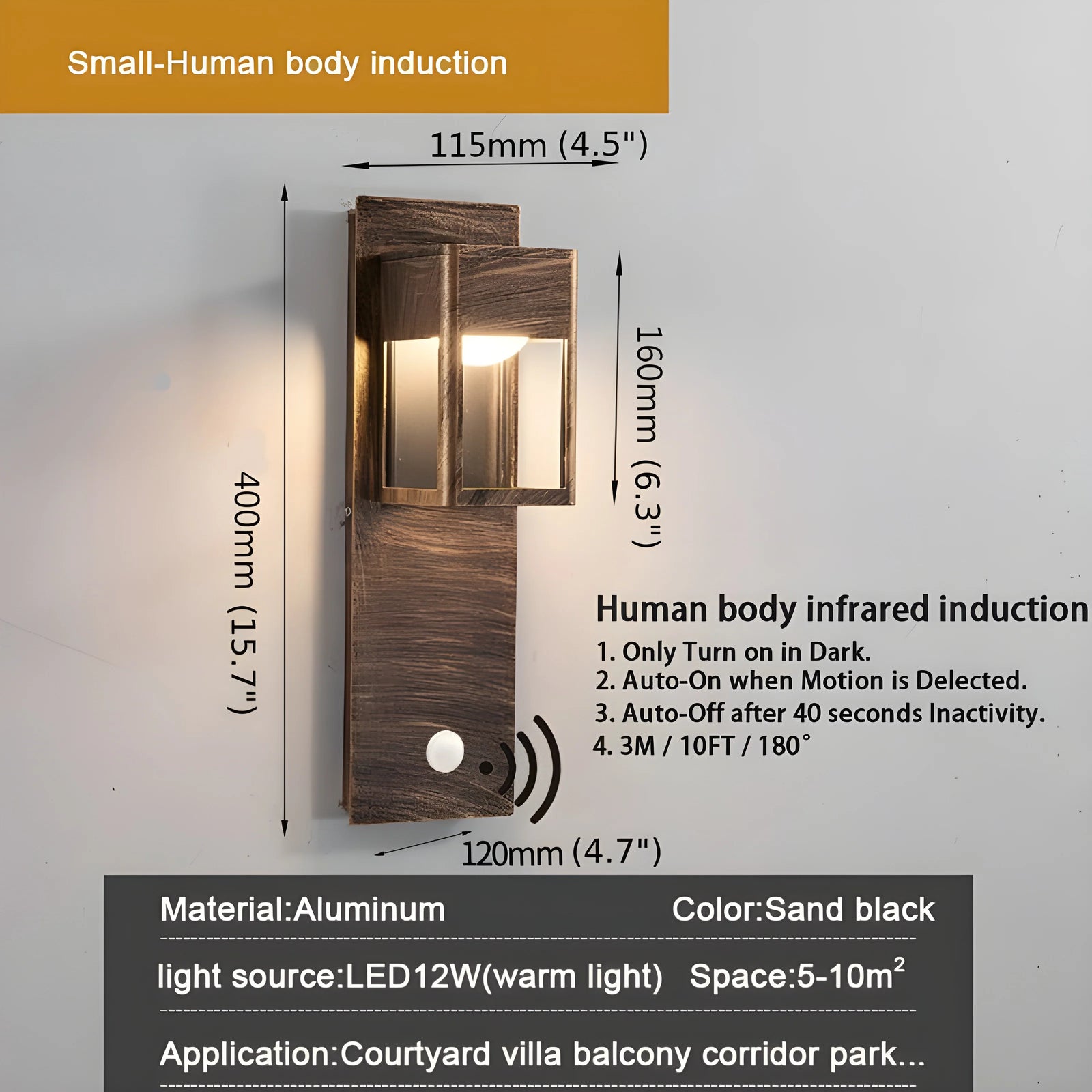 Aplique de pared LED de aluminio para exteriores, resistente al agua, color negro y bronce, con sensor de movimiento
